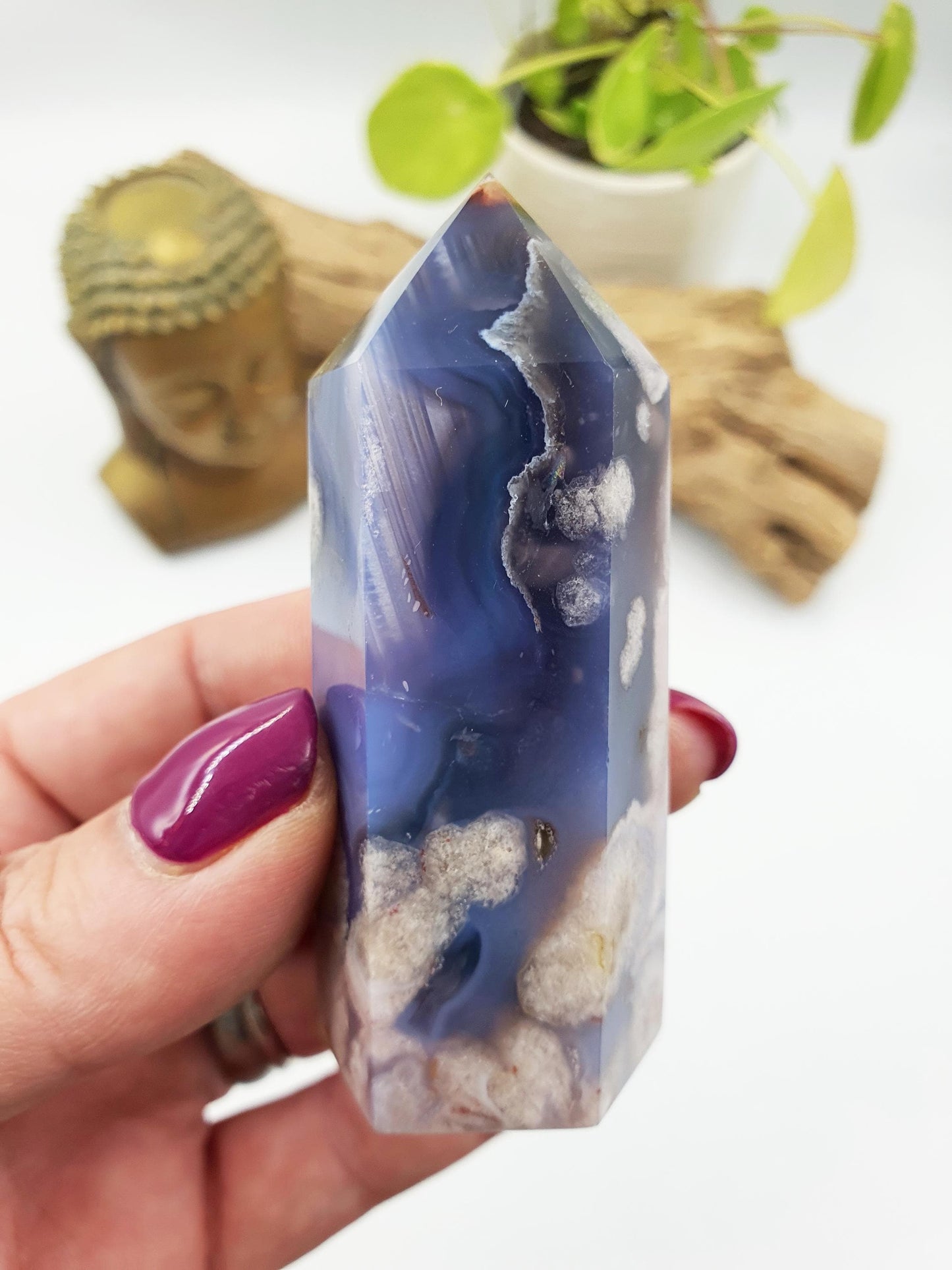Pretty Blue Flower Agate Point / Sakura Agate Tower / Blue Flower Agate Crystal Obelisk / Healing Tower - 105g