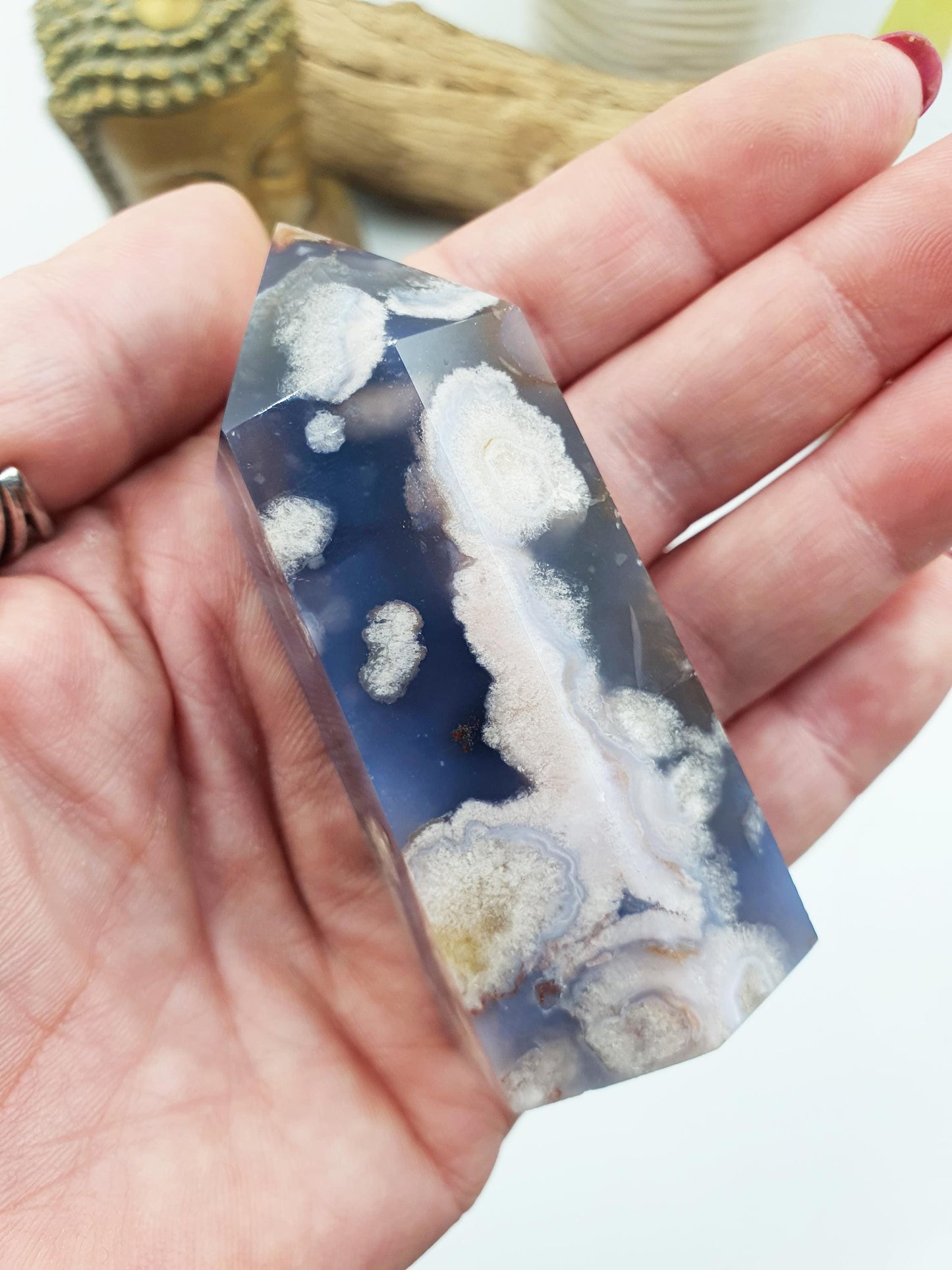 Pretty Blue Flower Agate Point / Sakura Agate Tower / Blue Flower Agate Crystal Obelisk / Healing Tower - 105g