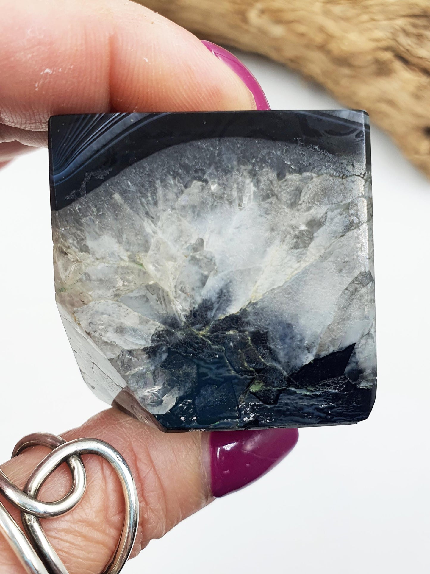 Black Banded Agate Drusy Cube / Black Striped Agate Crystal Cube / Black Agate Crystal Square - 165g