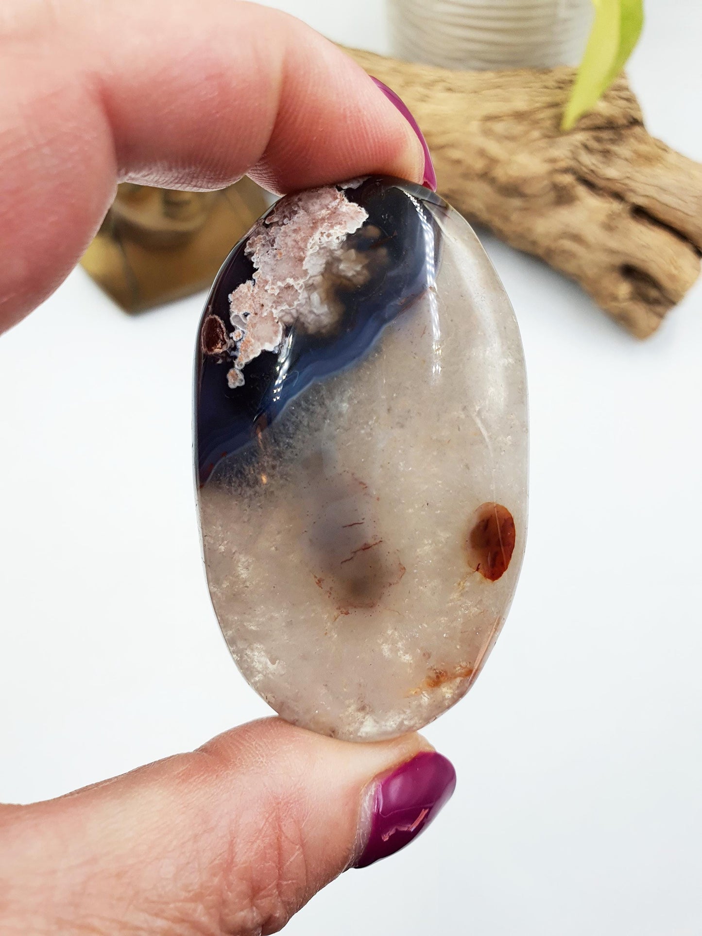 Unique Blue Flower Agate Palm Stone - Sakura Nurturing & Growth Crystal - 70g