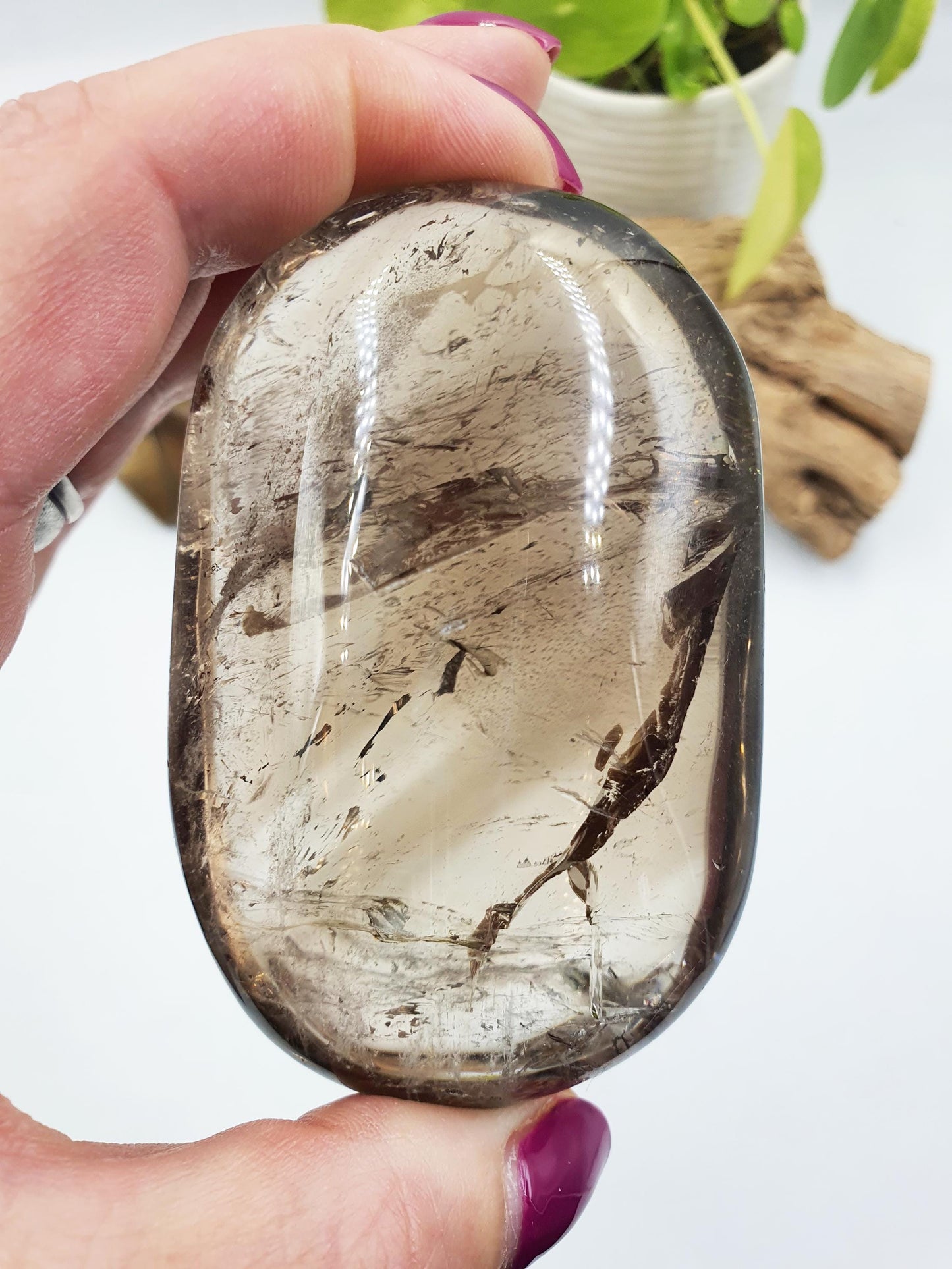 High Grade Large Smoky Quartz Palm Stone with Rainbows - Grounding & Protection Crystal - 220g
