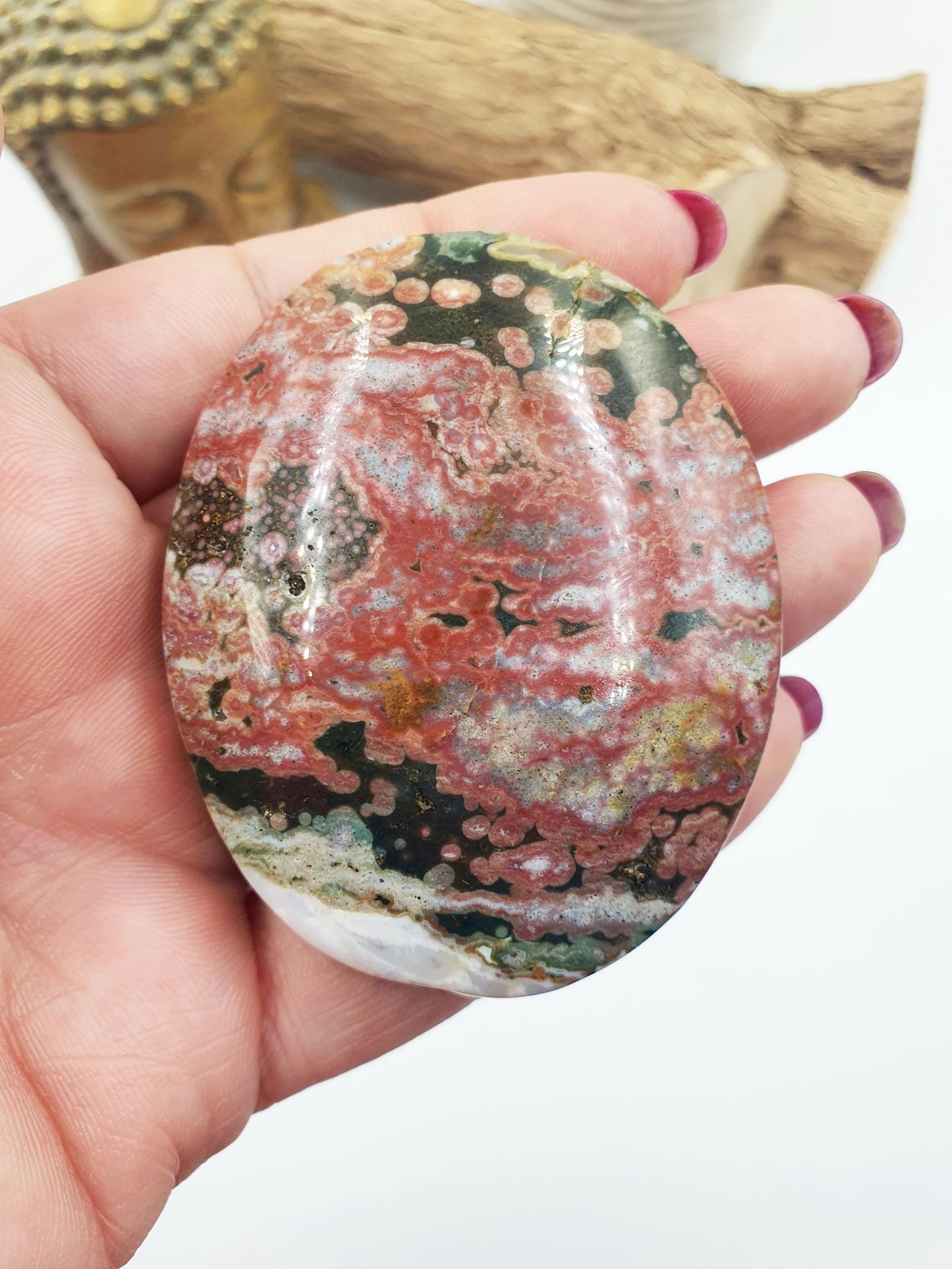 Orbicular Ocean Jasper Palm - Joy & Renewal Healing Crystal - 110g