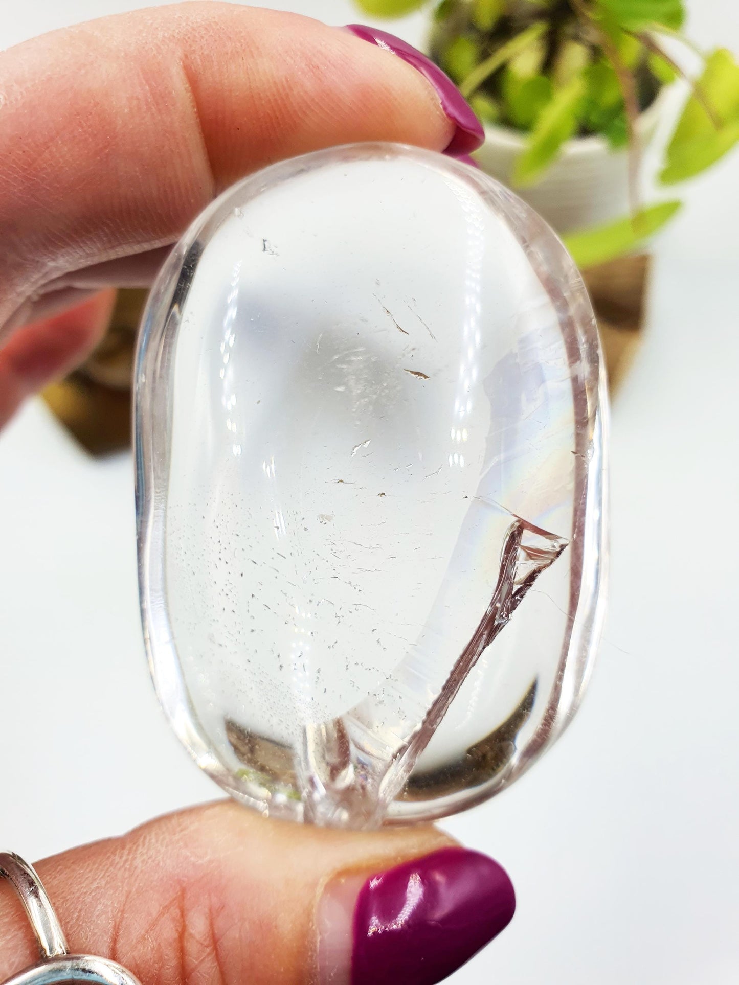 High Grade Clear Quartz Palm Stone with large Rainbows - Energy Amplifying Healing Crystal - 85g