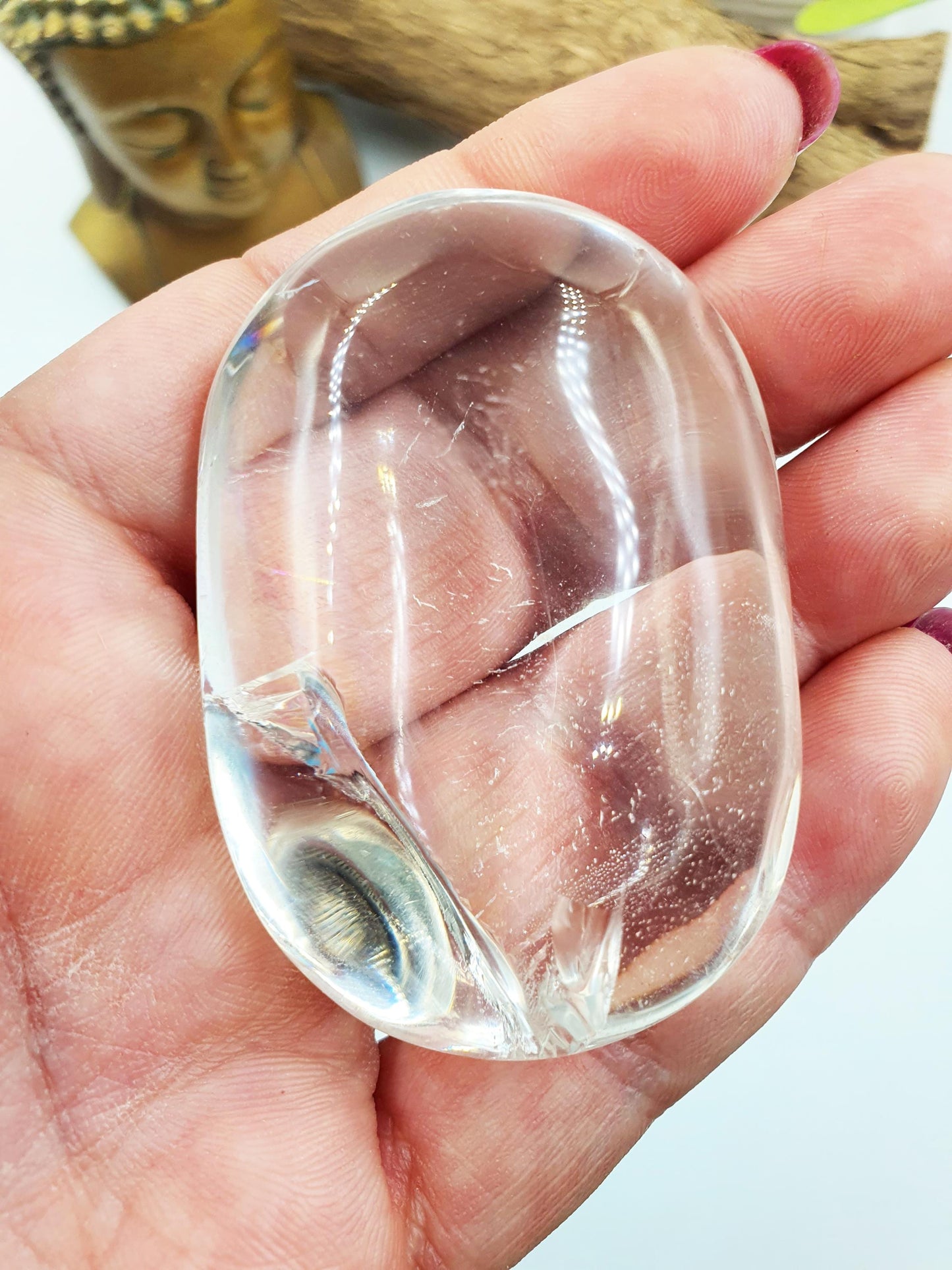 High Grade Clear Quartz Palm Stone with large Rainbows - Energy Amplifying Healing Crystal - 85g