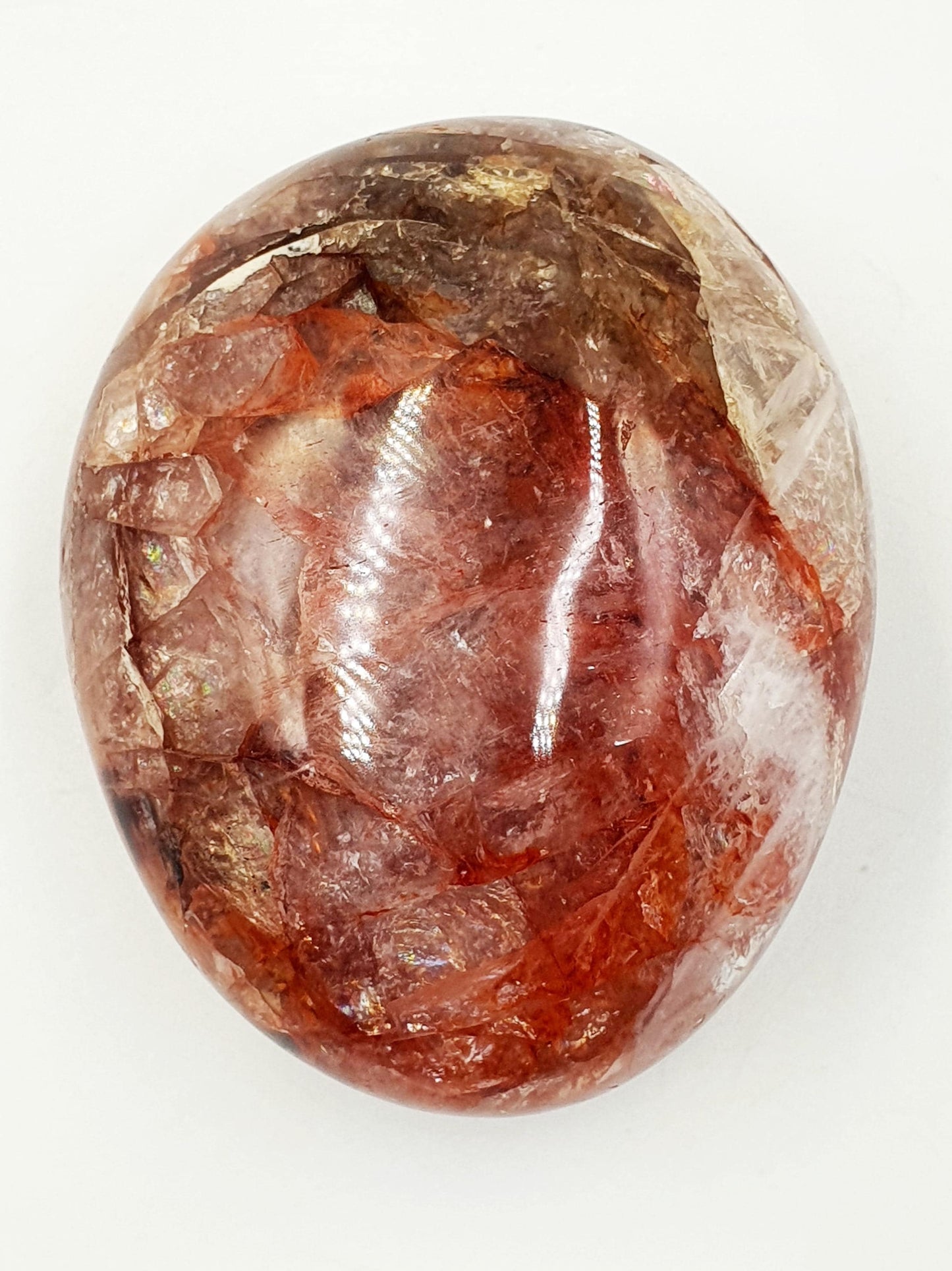 Fire Quartz (Hematoid) Palm Stone with rainbow flashes - Grounding & Vitality Crystal - 160g