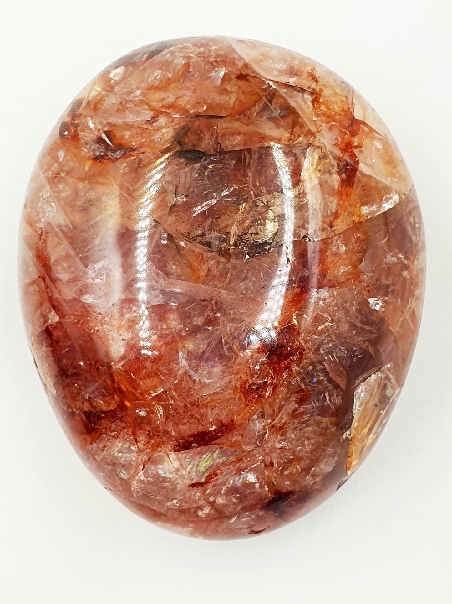 Fire Quartz (Hematoid) Palm Stone with rainbow flashes - Grounding & Vitality Crystal - 160g
