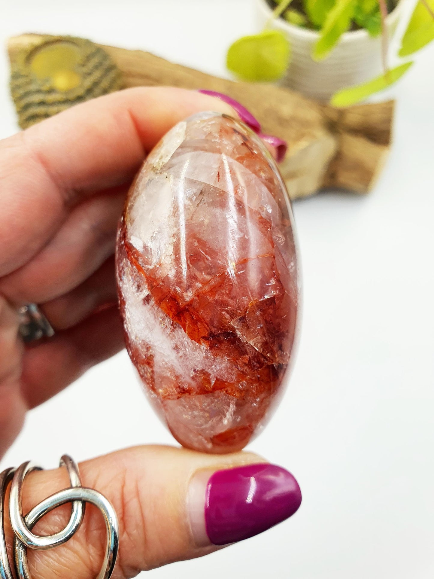Fire Quartz (Hematoid) Palm Stone with rainbow flashes - Grounding & Vitality Crystal - 160g