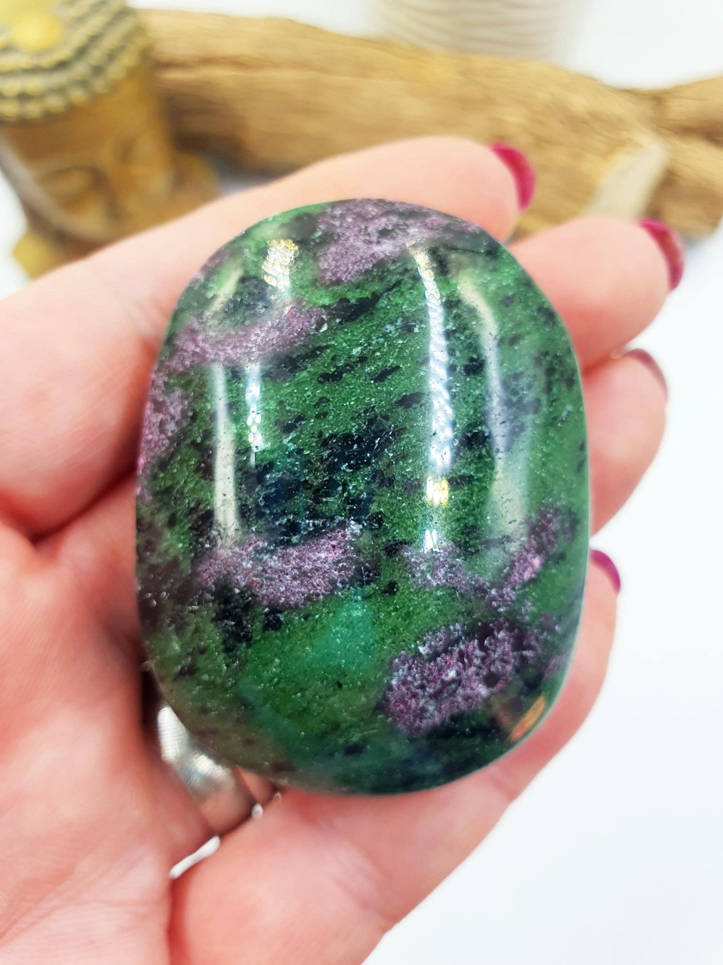 Ruby in Zoisite Palm Stone - Heart Chakra & Vitality Healing Crystal - 95g