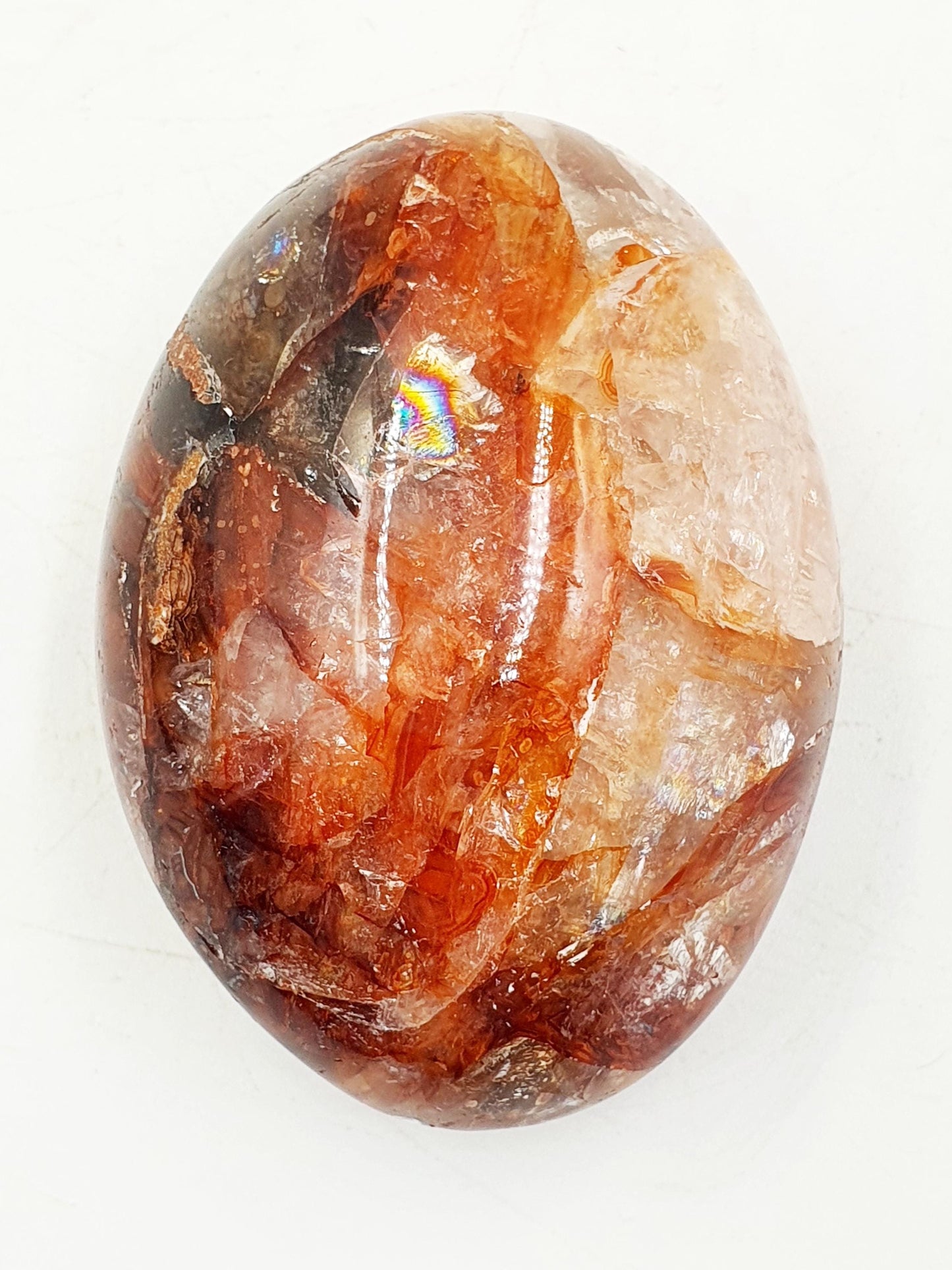 Fire Quartz (Hematoid) Palm Stone with rainbow flashes - Grounding & Vitality Crystal - 155g