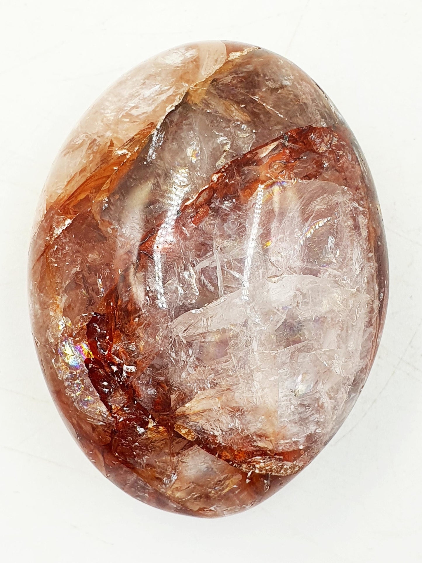 Fire Quartz (Hematoid) Palm Stone with rainbow flashes - Grounding & Vitality Crystal - 155g