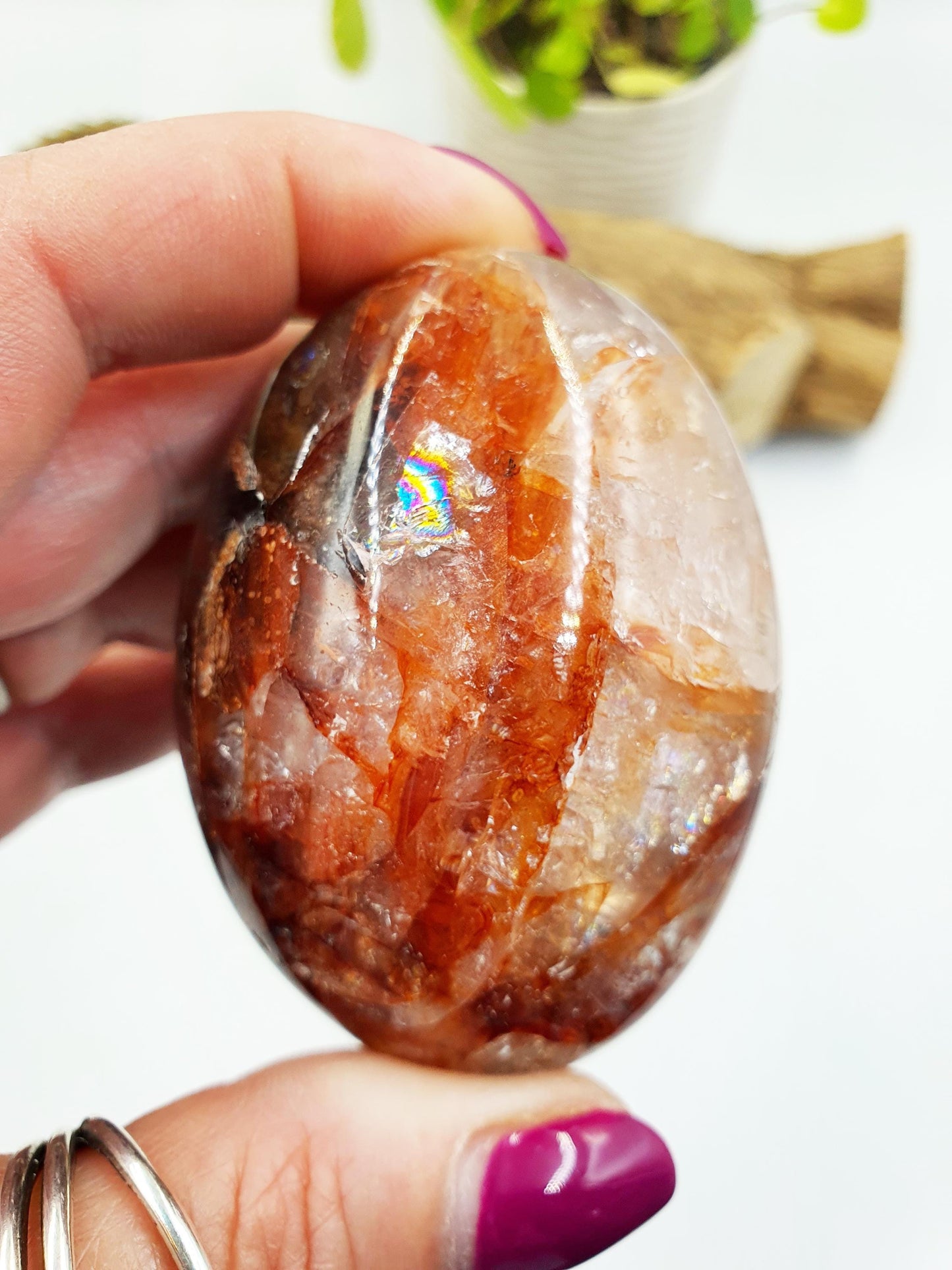 Fire Quartz (Hematoid) Palm Stone with rainbow flashes - Grounding & Vitality Crystal - 155g