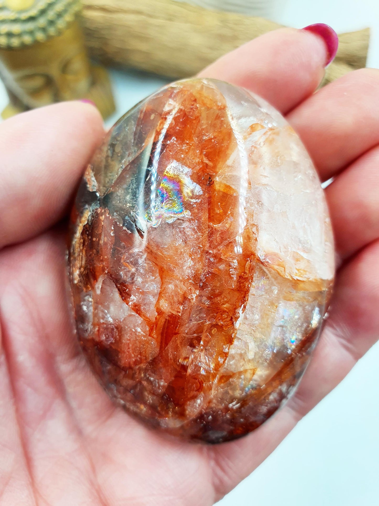 Fire Quartz (Hematoid) Palm Stone with rainbow flashes - Grounding & Vitality Crystal - 155g