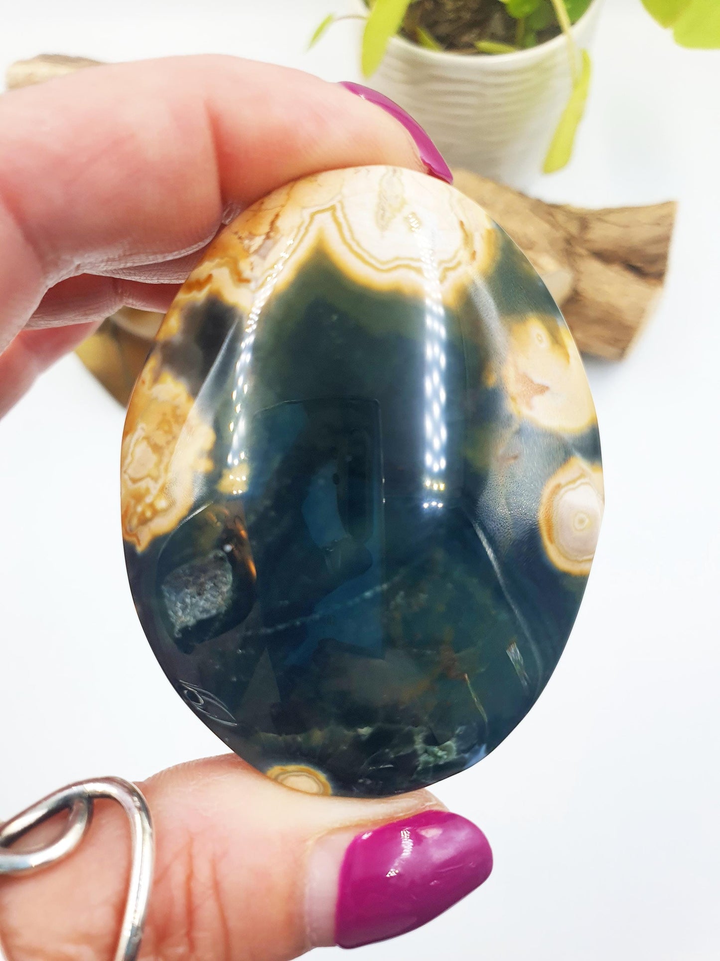 Unique Orbicular Ocean Jasper Palm - Joy & Renewal Healing Crystal - 85g