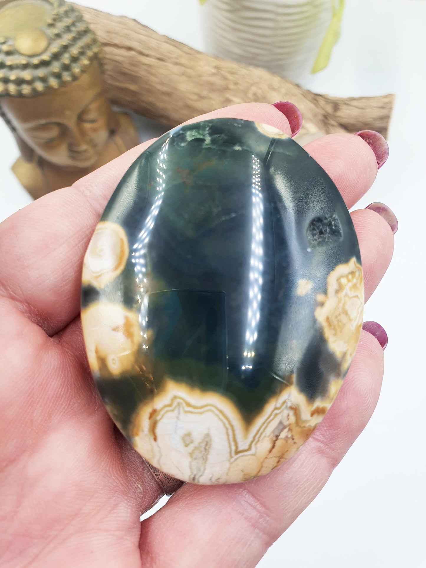 Unique Orbicular Ocean Jasper Palm - Joy & Renewal Healing Crystal - 85g