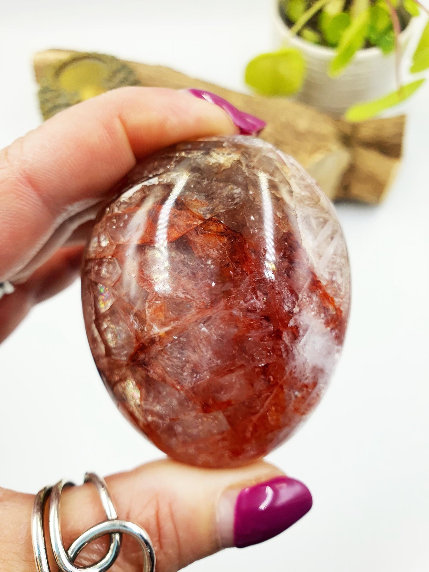 Fire Quartz (Hematoid) Palm Stone with rainbow flashes - Grounding & Vitality Crystal - 160g