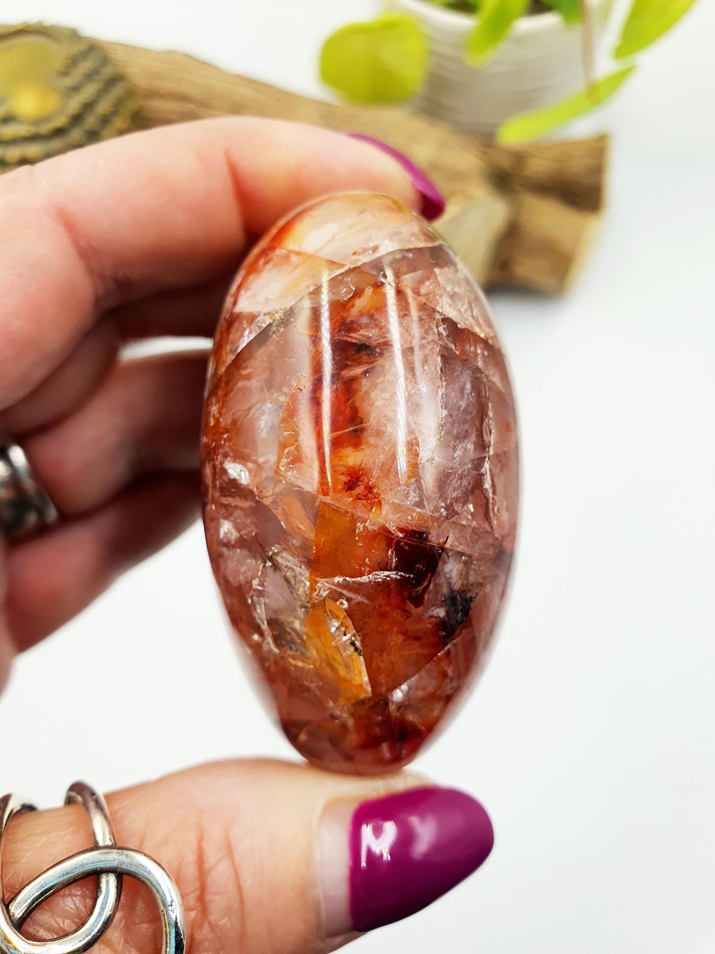 Fire Quartz (Hematoid) Palm Stone with rainbow flashes - Grounding & Vitality Crystal - 160g