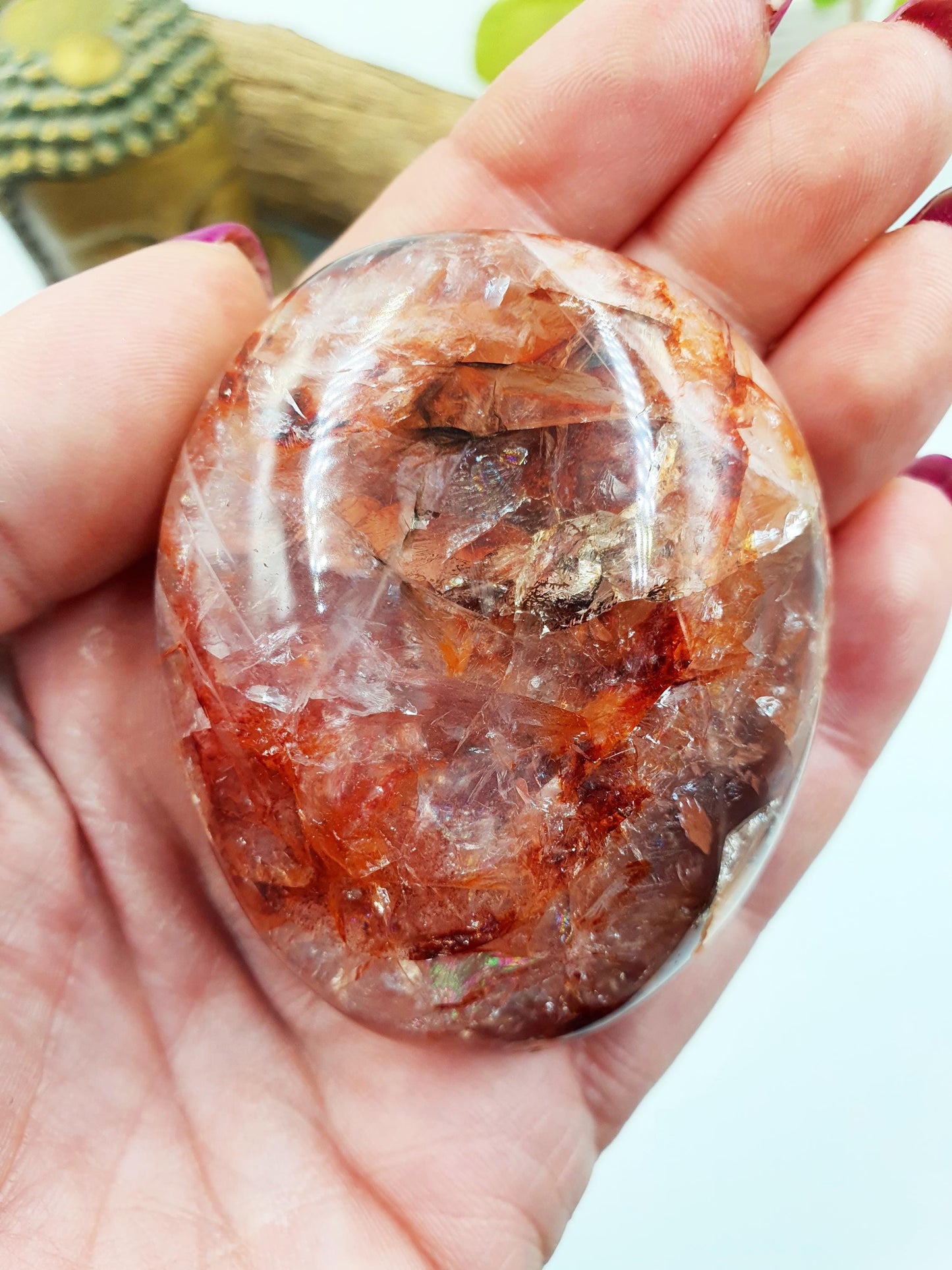 Fire Quartz (Hematoid) Palm Stone with rainbow flashes - Grounding & Vitality Crystal - 160g