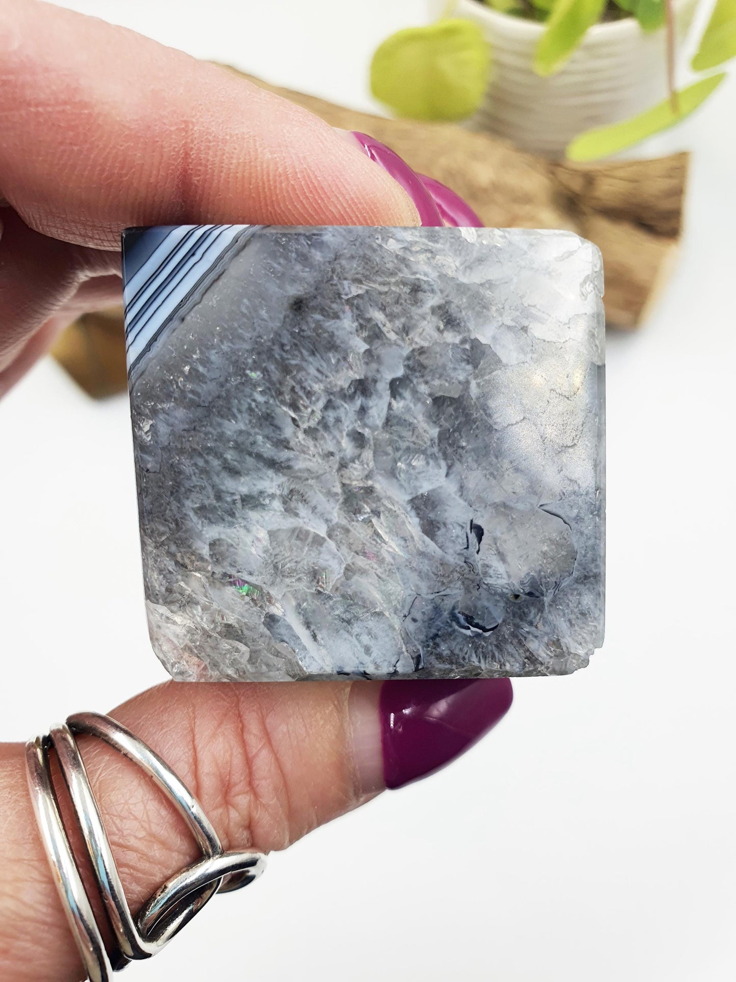 Black Banded Agate Drusy Crystal Cube - Grounding & Protection Crystal Carving,