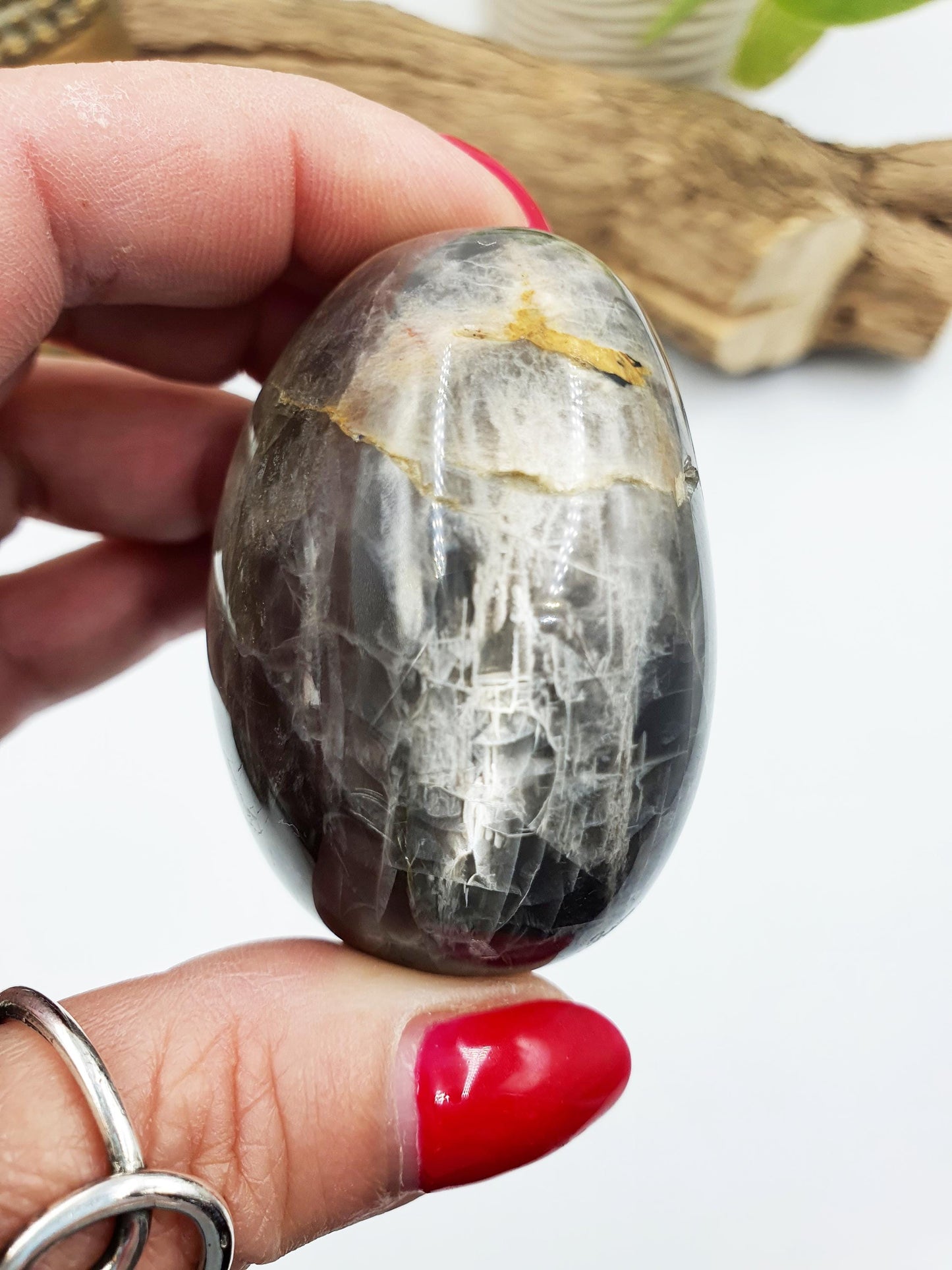 Flashy Black Moonstone Palm Stone - Intuition & New Beginnings Healing Crystal - 144g