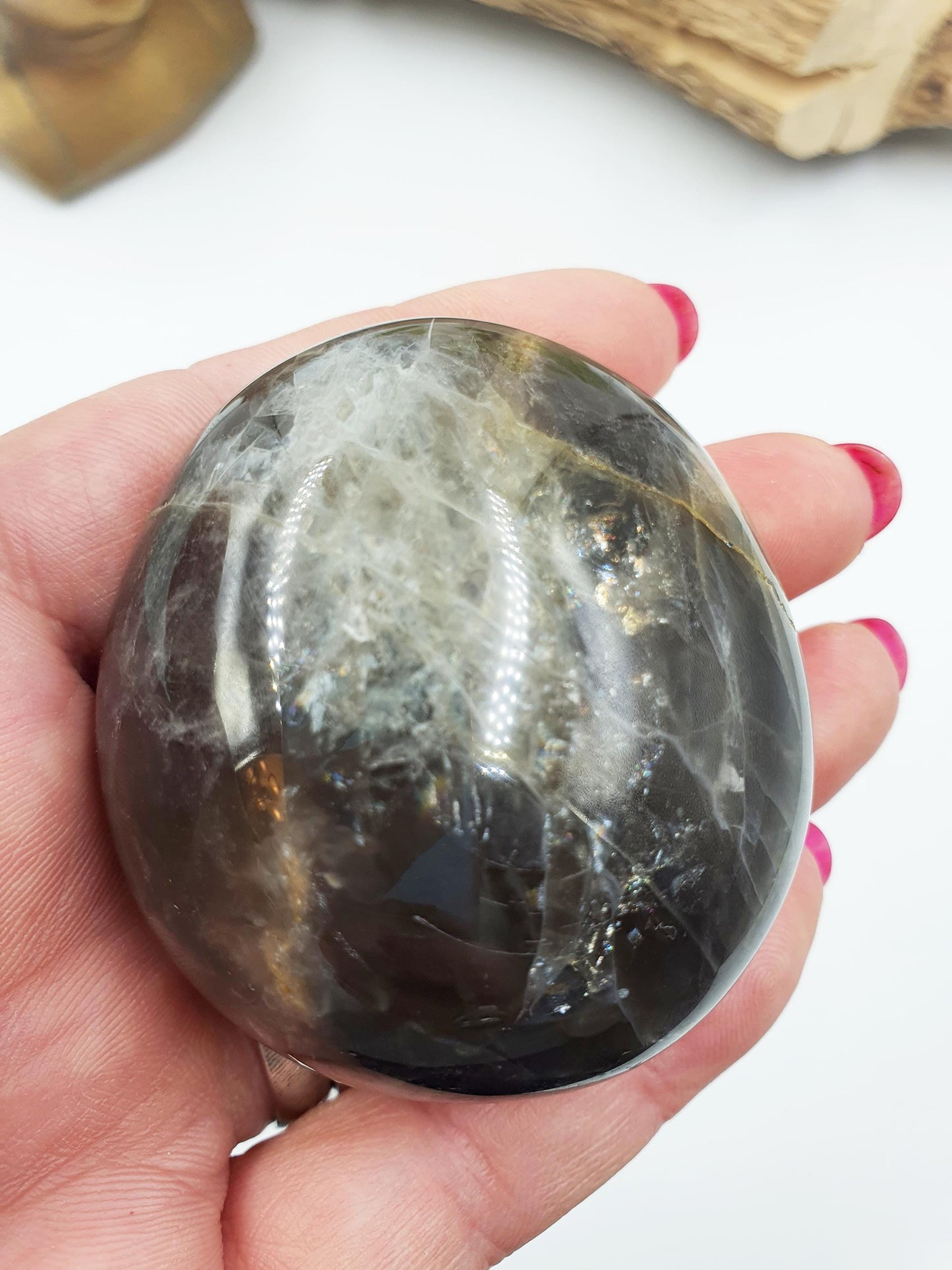 Flashy Black Moonstone Palm Stone - Intuition & New Beginnings Healing Crystal - 144g