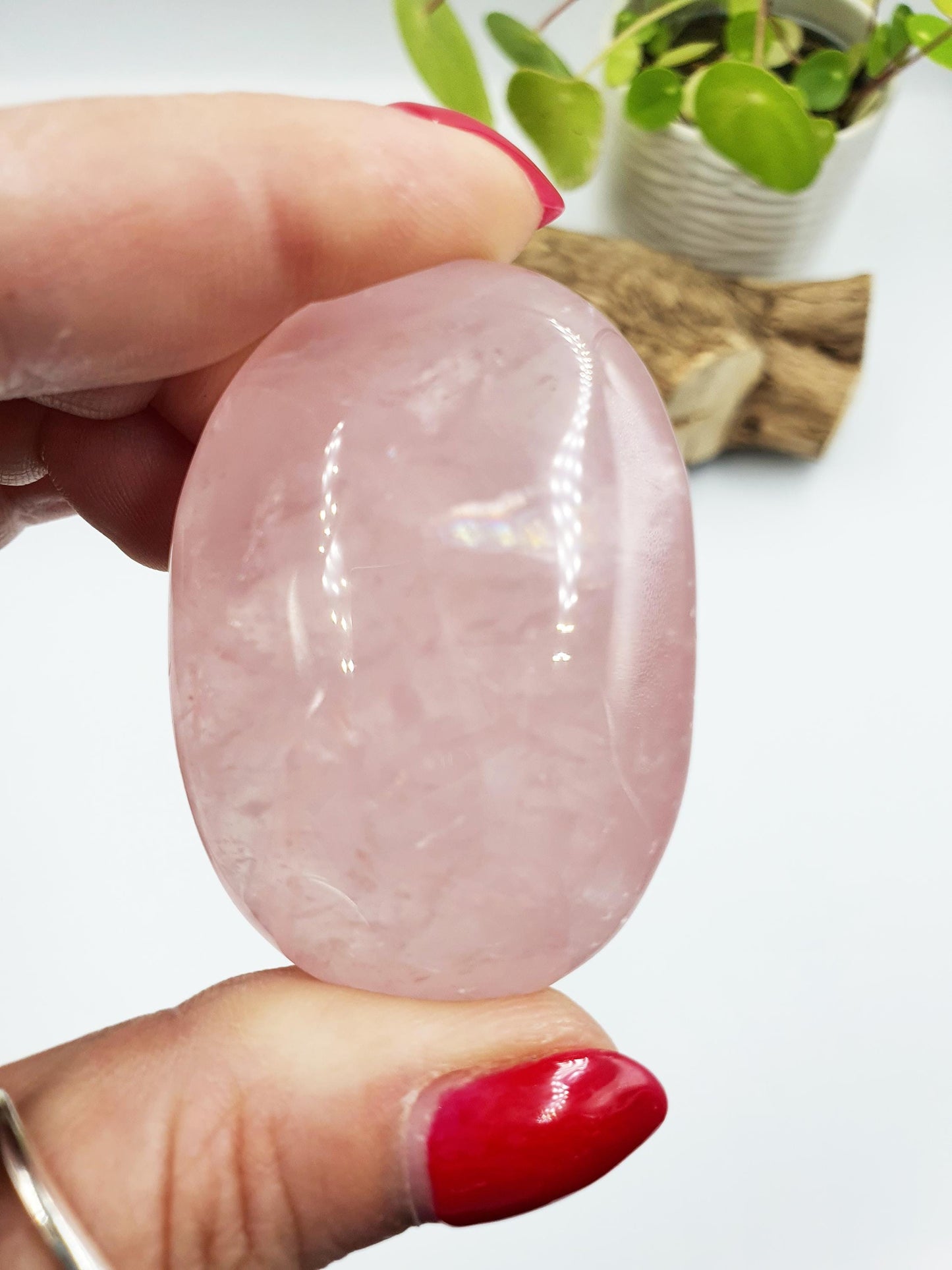 Rose Quartz Palm Stone with rainbows - Love & Compassion Healing Crystal - 60g