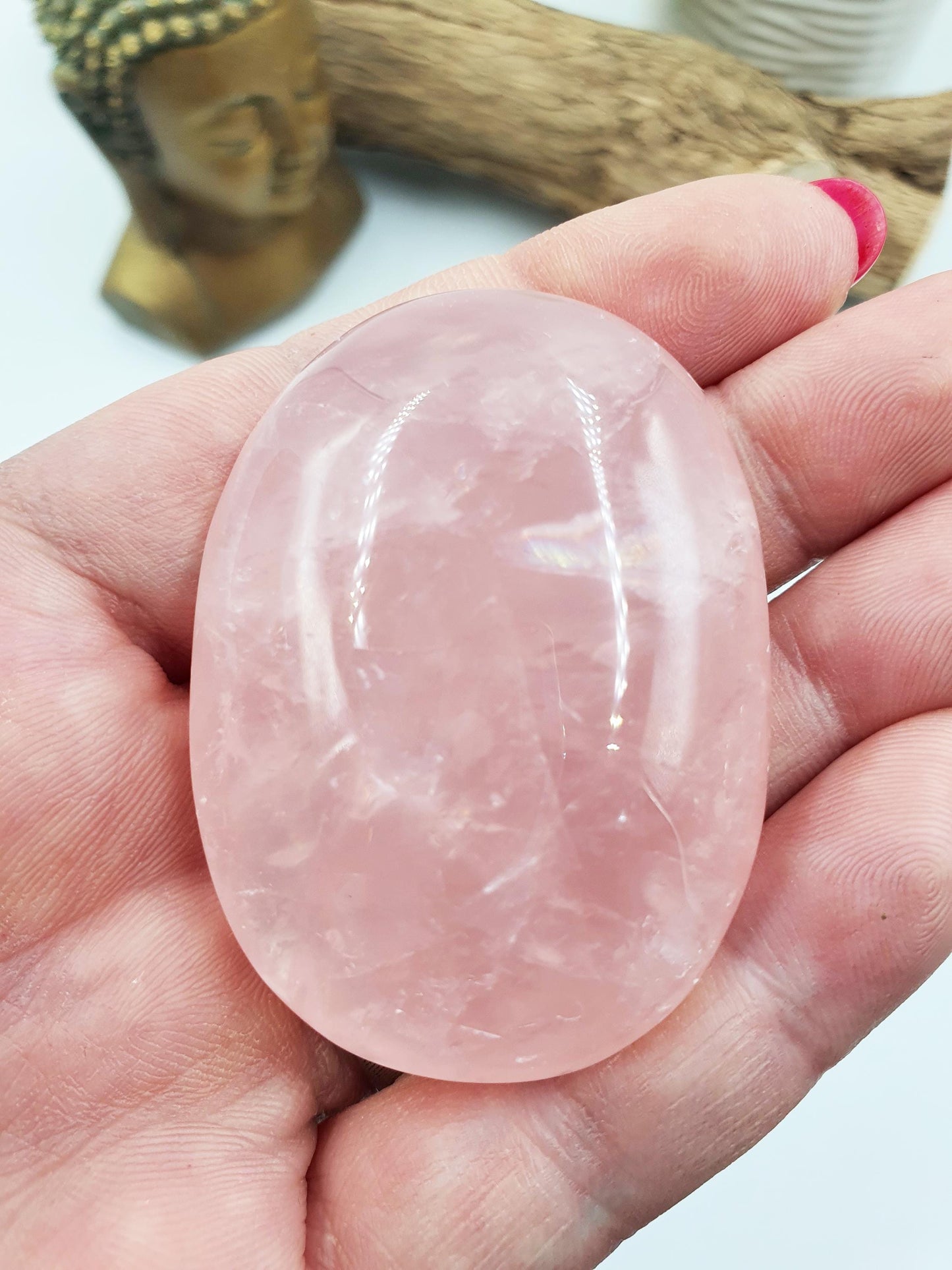 Rose Quartz Palm Stone with rainbows - Love & Compassion Healing Crystal - 60g