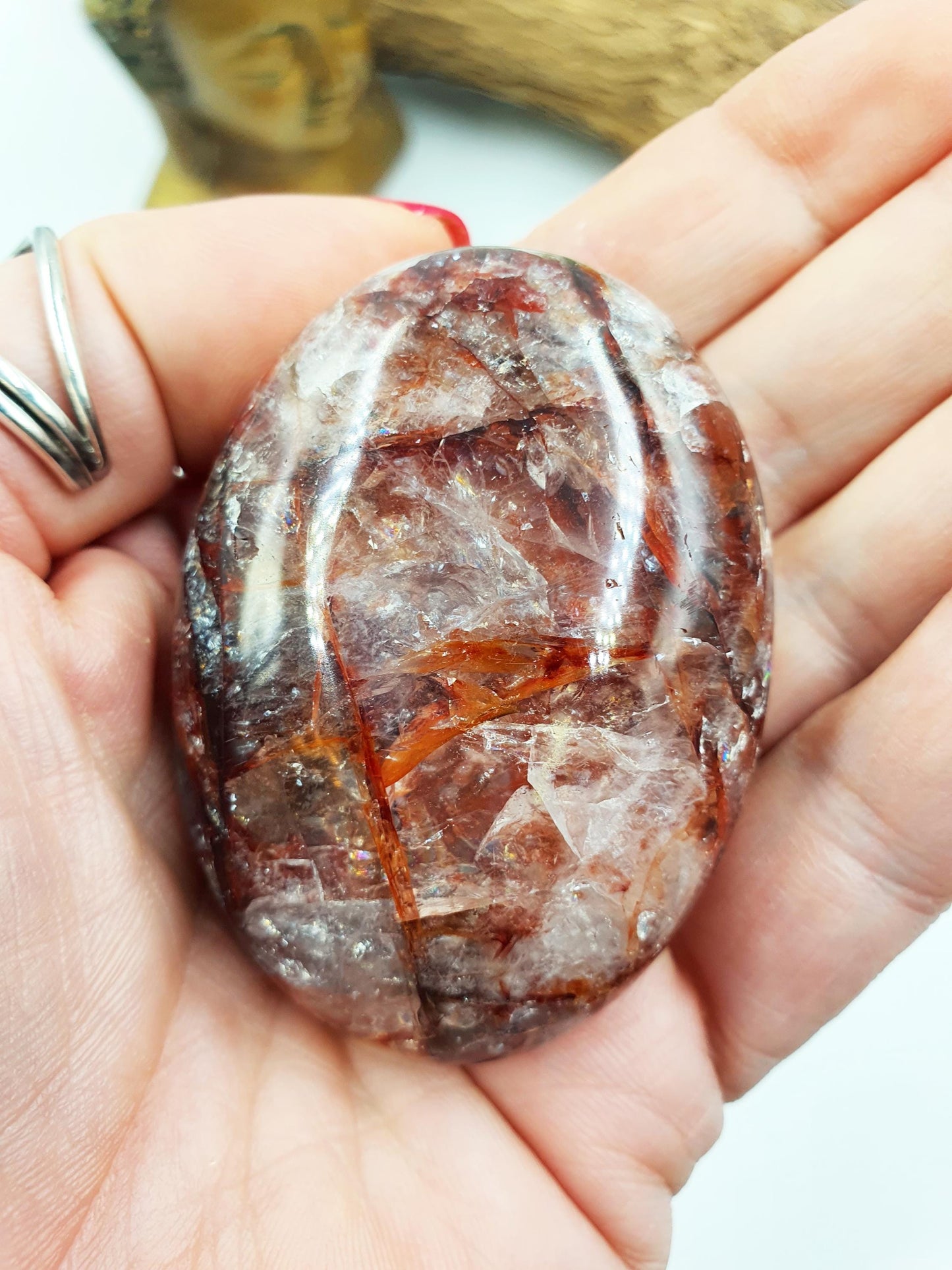 Fire Quartz (Hematoid) Palm Stone with rainbow flashes - Grounding & Vitality Crystal - 95g