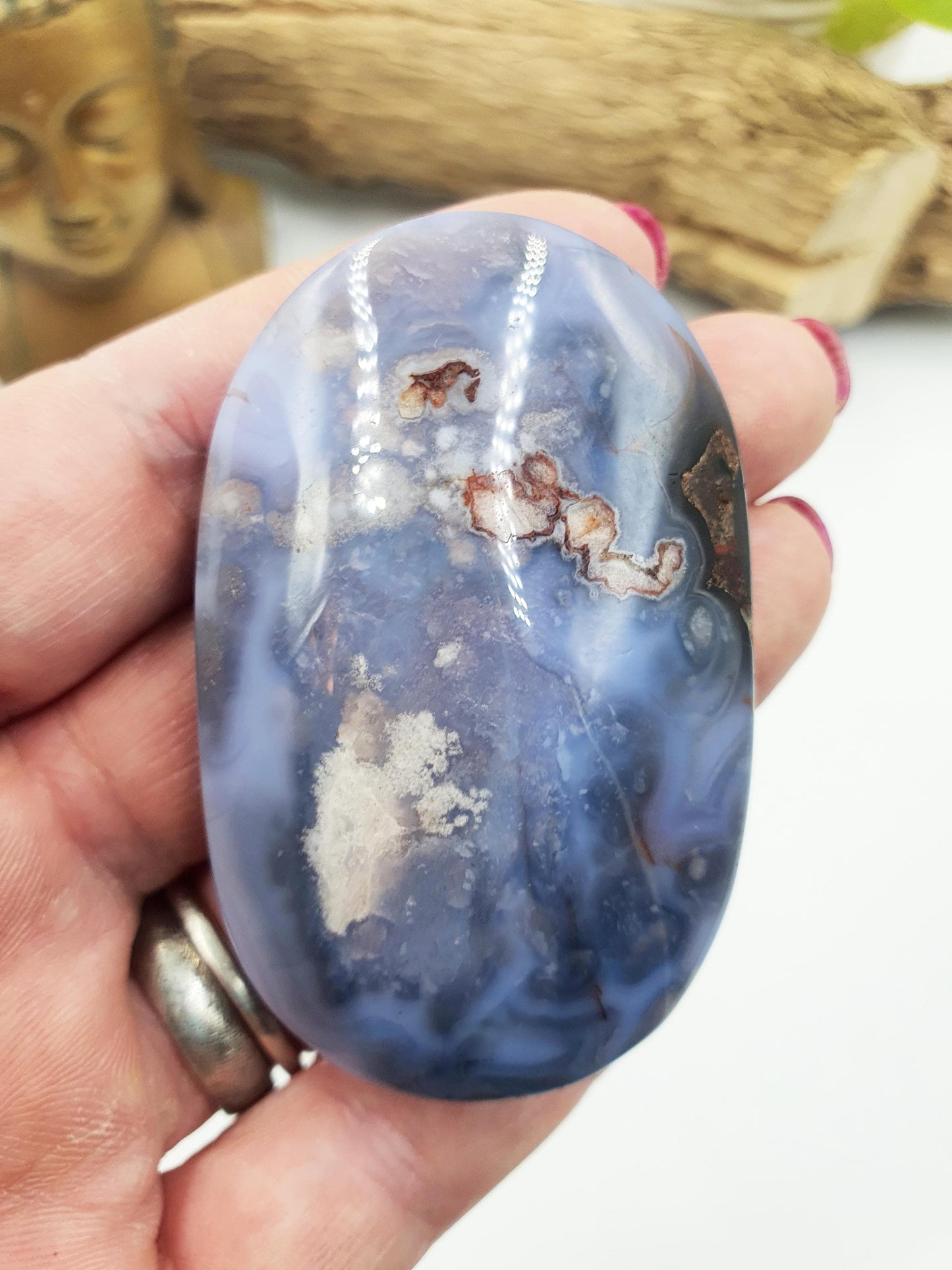 Blue Flower Agate Palm Stone - Sakura Nurturing & Growth Crystal, 70g