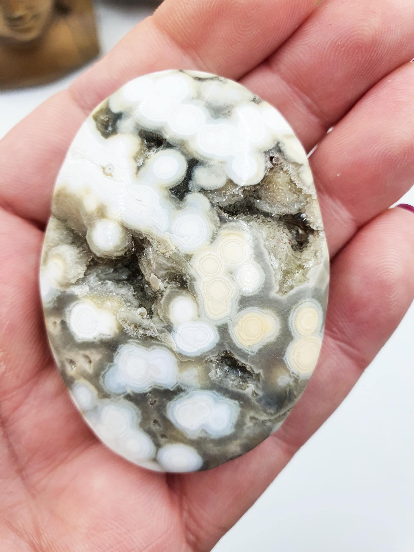 Sparkly Orbicular Ocean Jasper Palm - Joy & Renewal Healing Crystal - 55g