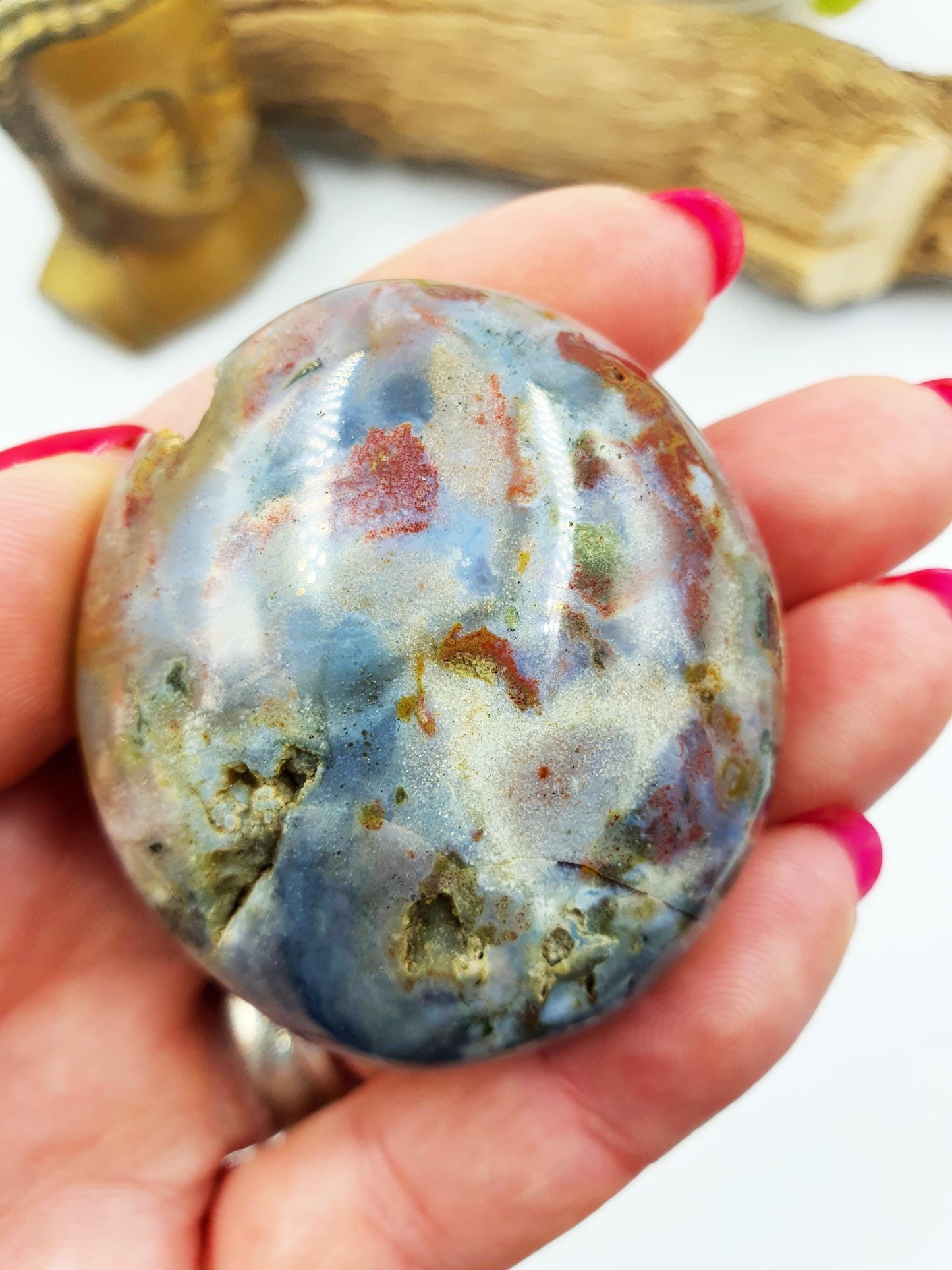 Ocean Jasper Palm with natural pockets- Joy & Renewal Healing Crystal - 85g