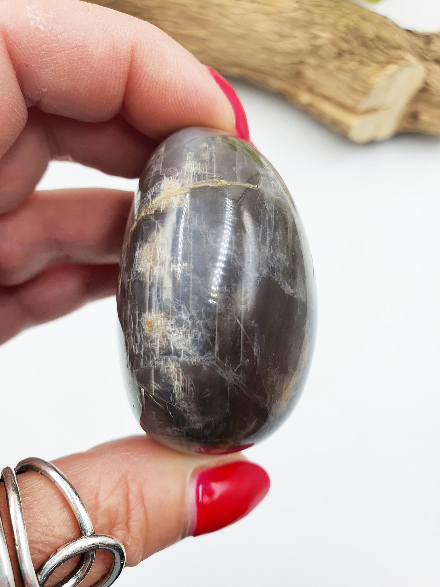 Flashy Black Moonstone Palm Stone - Intuition & New Beginnings Healing Crystal - 144g