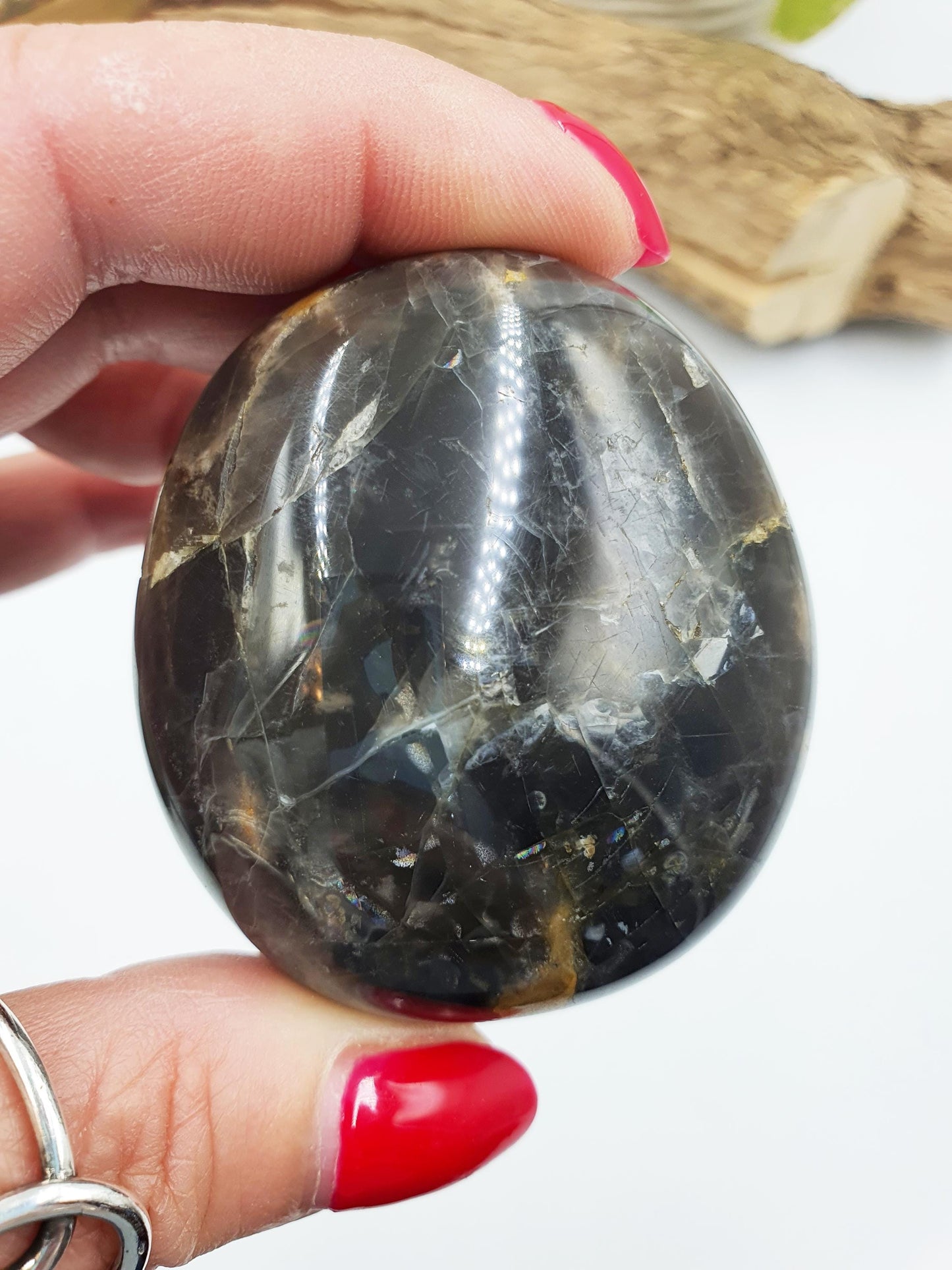 Flashy Black Moonstone Palm Stone - Intuition & New Beginnings Healing Crystal - 144g