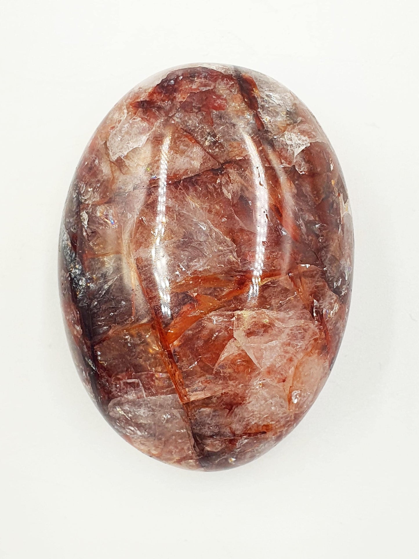 Fire Quartz (Hematoid) Palm Stone with rainbow flashes - Grounding & Vitality Crystal - 95g