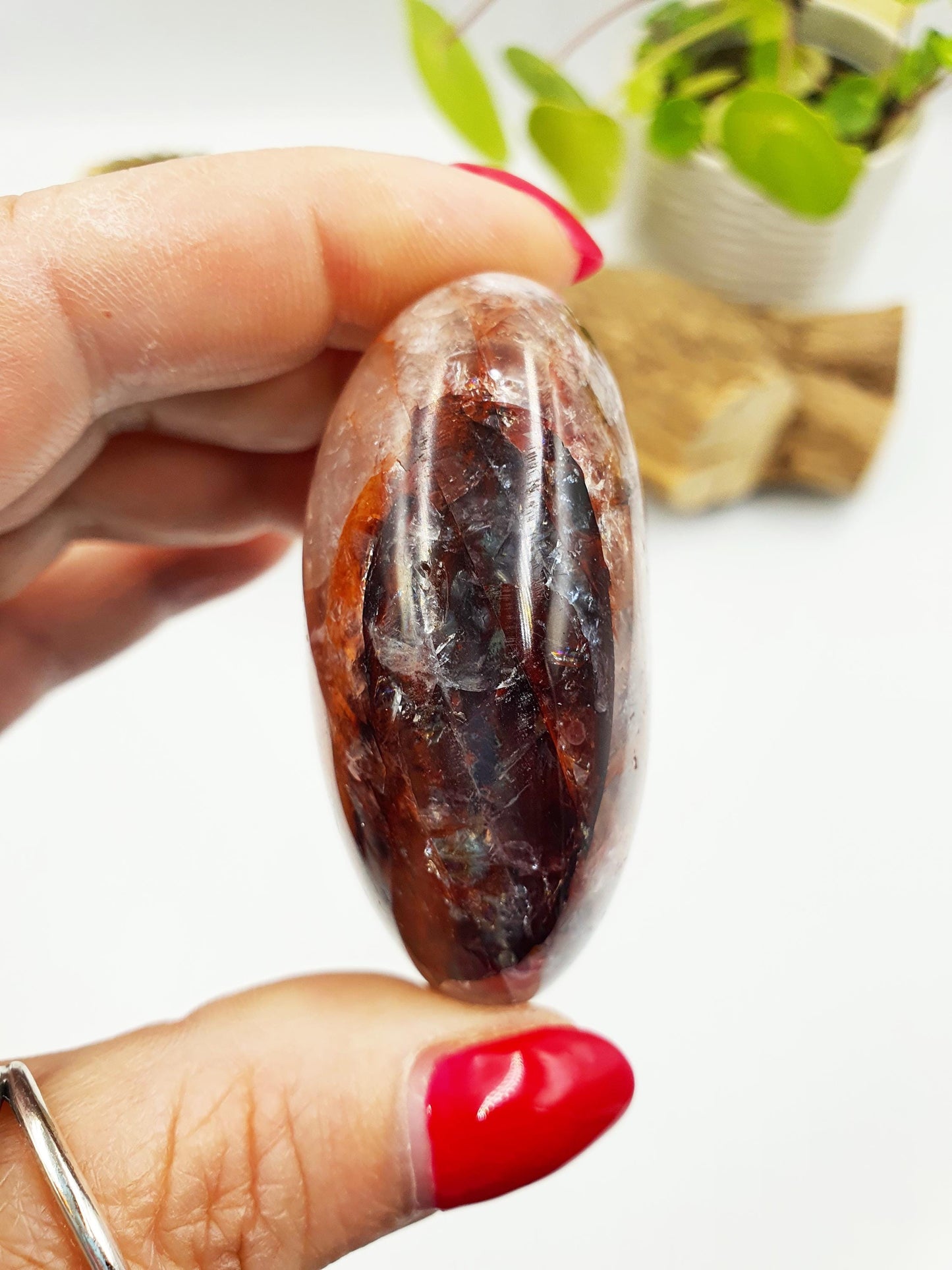 Fire Quartz (Hematoid) Palm Stone with rainbow flashes - Grounding & Vitality Crystal - 95g