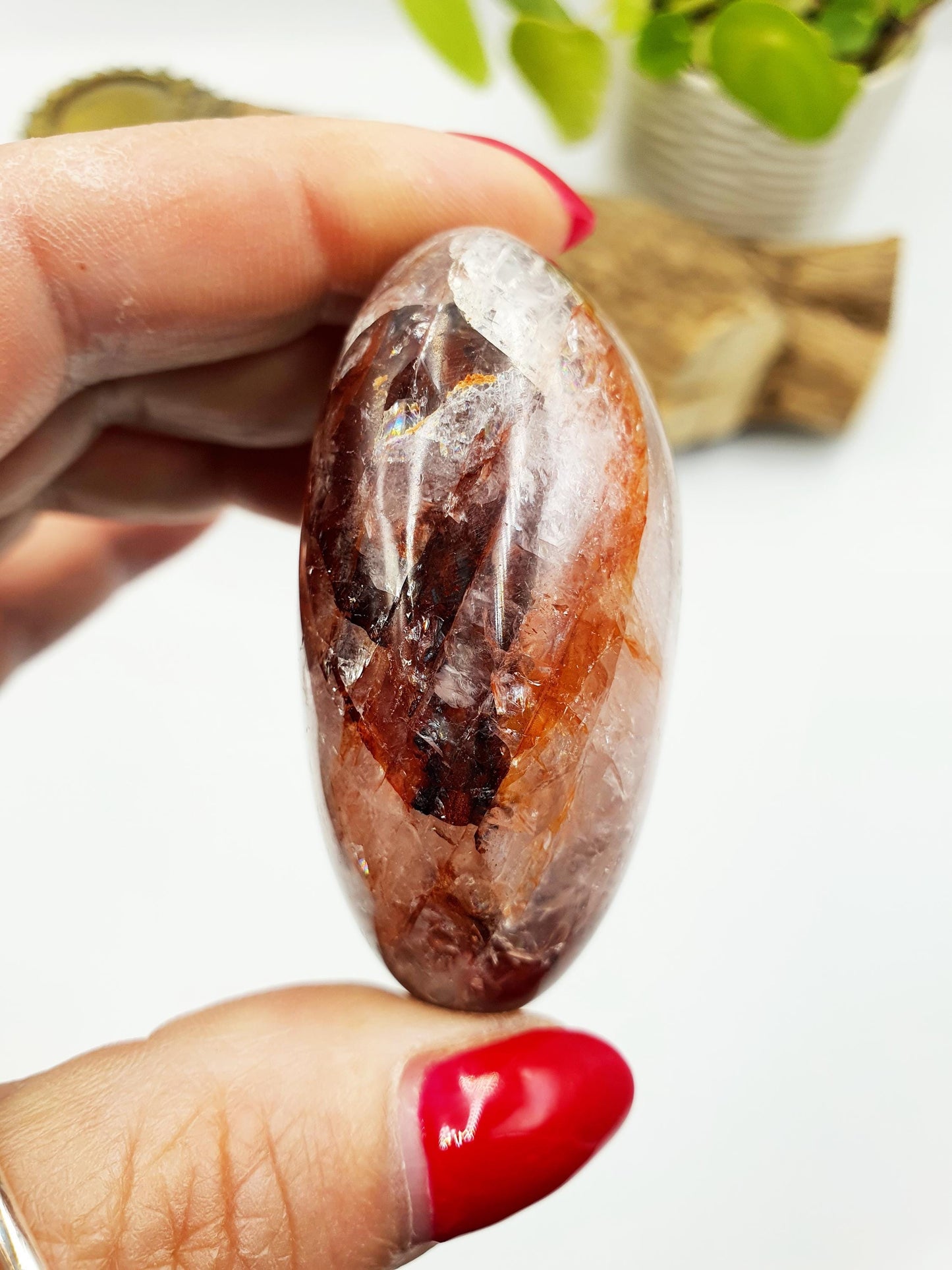 Fire Quartz (Hematoid) Palm Stone with rainbow flashes - Grounding & Vitality Crystal - 95g