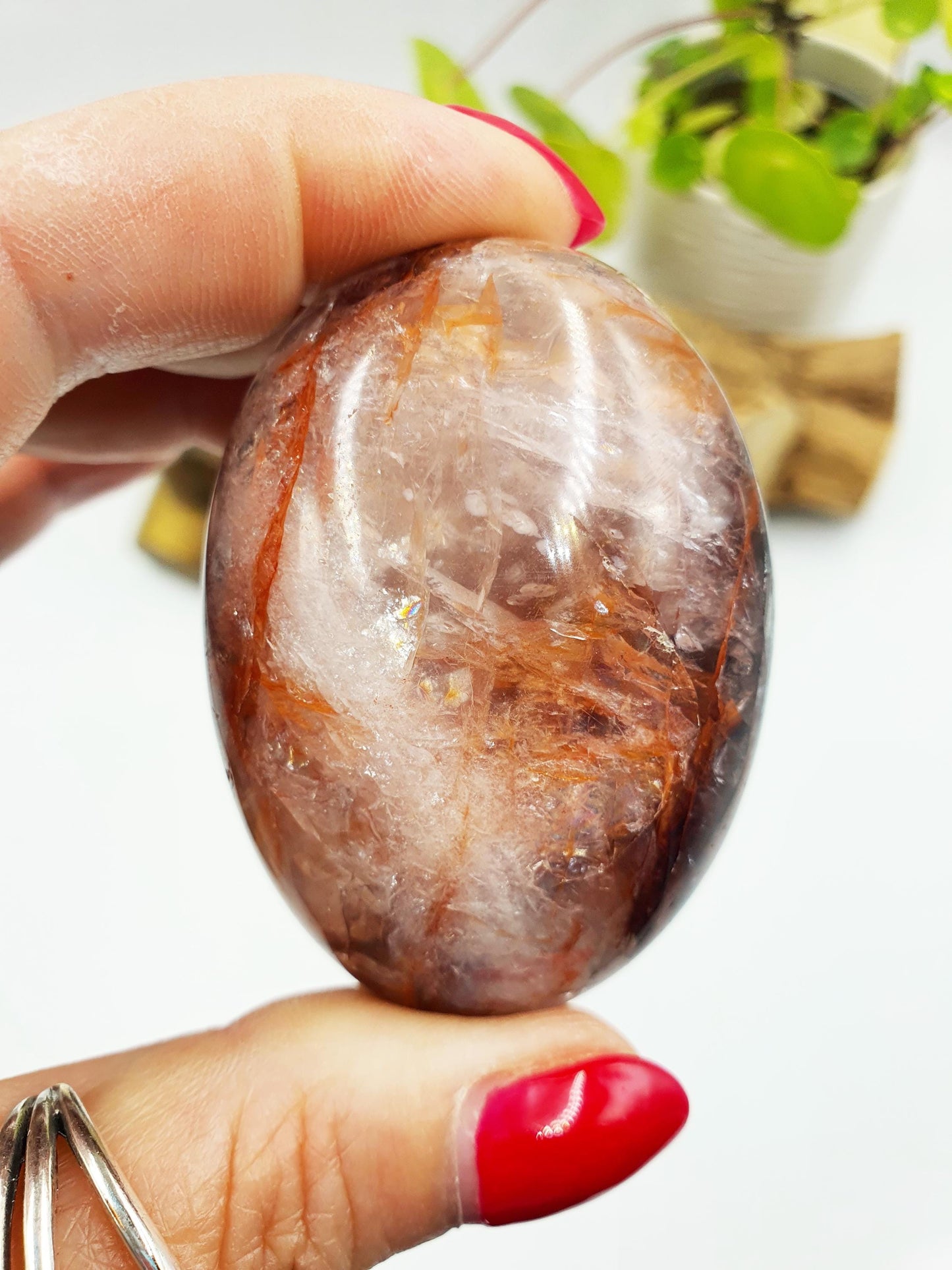 Fire Quartz (Hematoid) Palm Stone with rainbow flashes - Grounding & Vitality Crystal - 95g