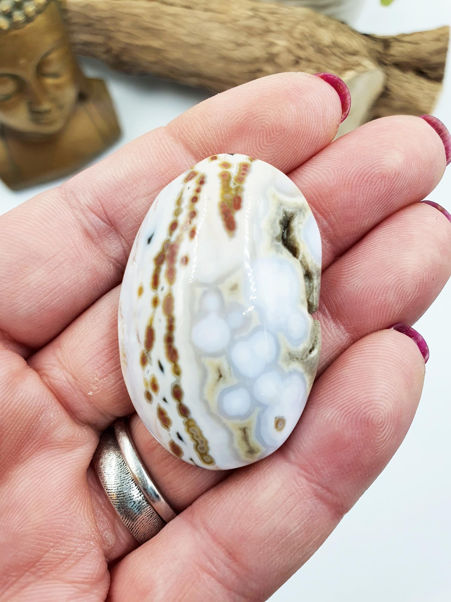 Small Orbicular Ocean Jasper Palm with sparkly drusy pocket - Joy & Renewal Healing Crystal, 25g