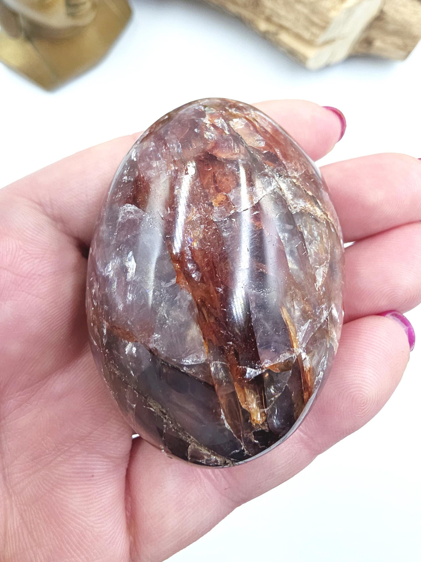 Fire Quartz (Hematoid) Palm Stone with lots of rainbow flashes - Grounding & Vitality Crystal - 120g