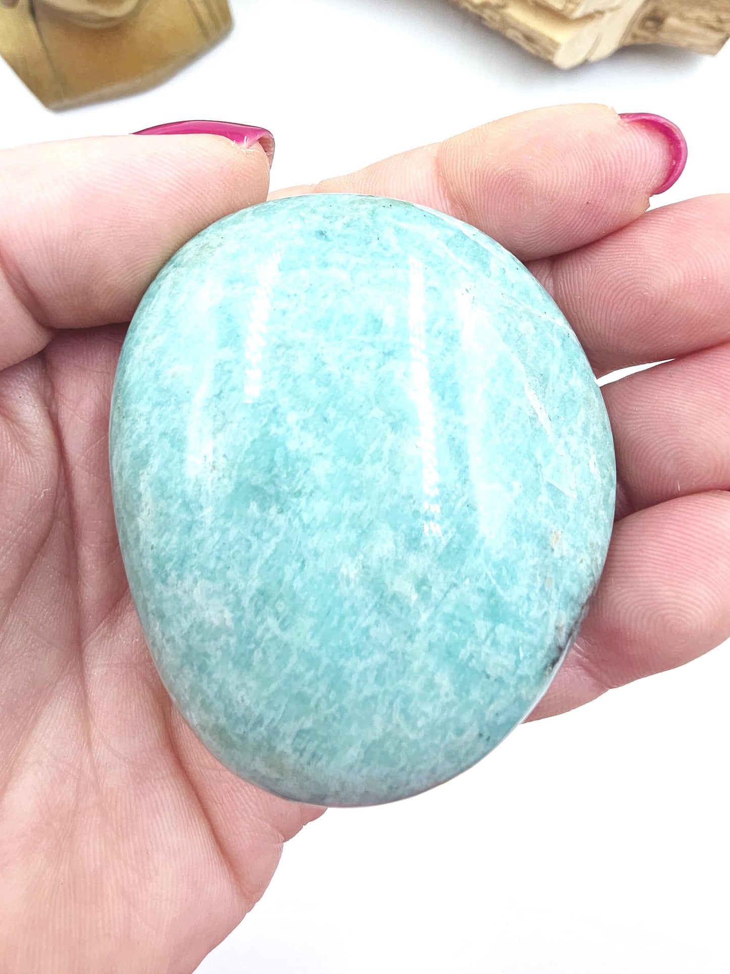 Large Flashy Amazonite Palm Stone – Calm, Communication & Emotional Healing Crystal, 150g