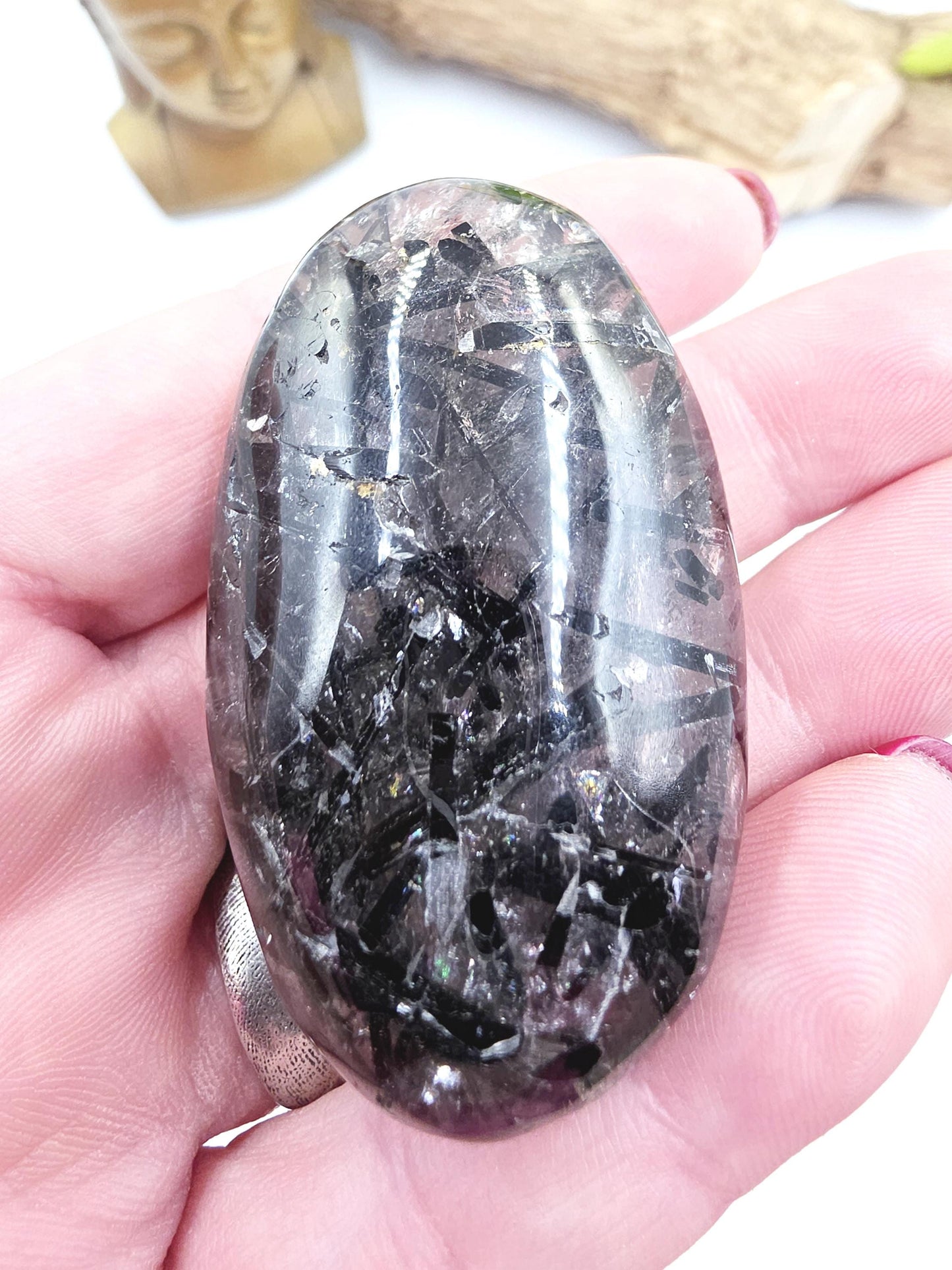 High Grade Black Tourmaline Rutile Quartz Palm Stone – Protection, Grounding & Energy Amplification Crystal, 55g