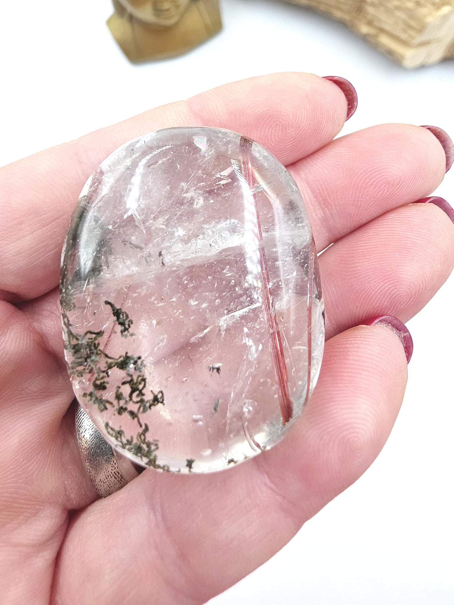 Clear Quartz Palm Stone with Rutile & Green Garden Inclusions – Manifestation, Protection and Energy Amplification Crystal, 50g