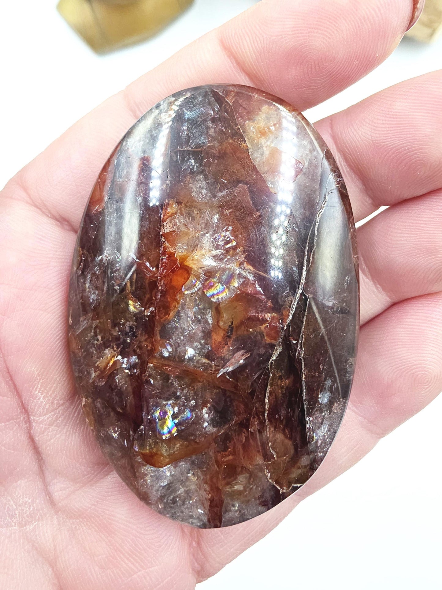Fire Quartz (Hematoid) Palm Stone with lots of rainbow flashes - Grounding & Vitality Crystal - 80g