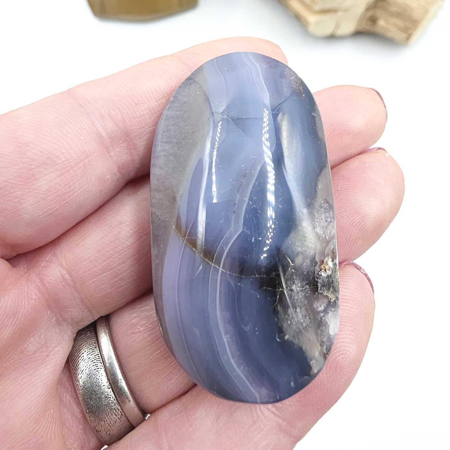 Unique Blue Flower Agate (Sakura) Palm Stone - Nurturing & Growth Crystal, 45g