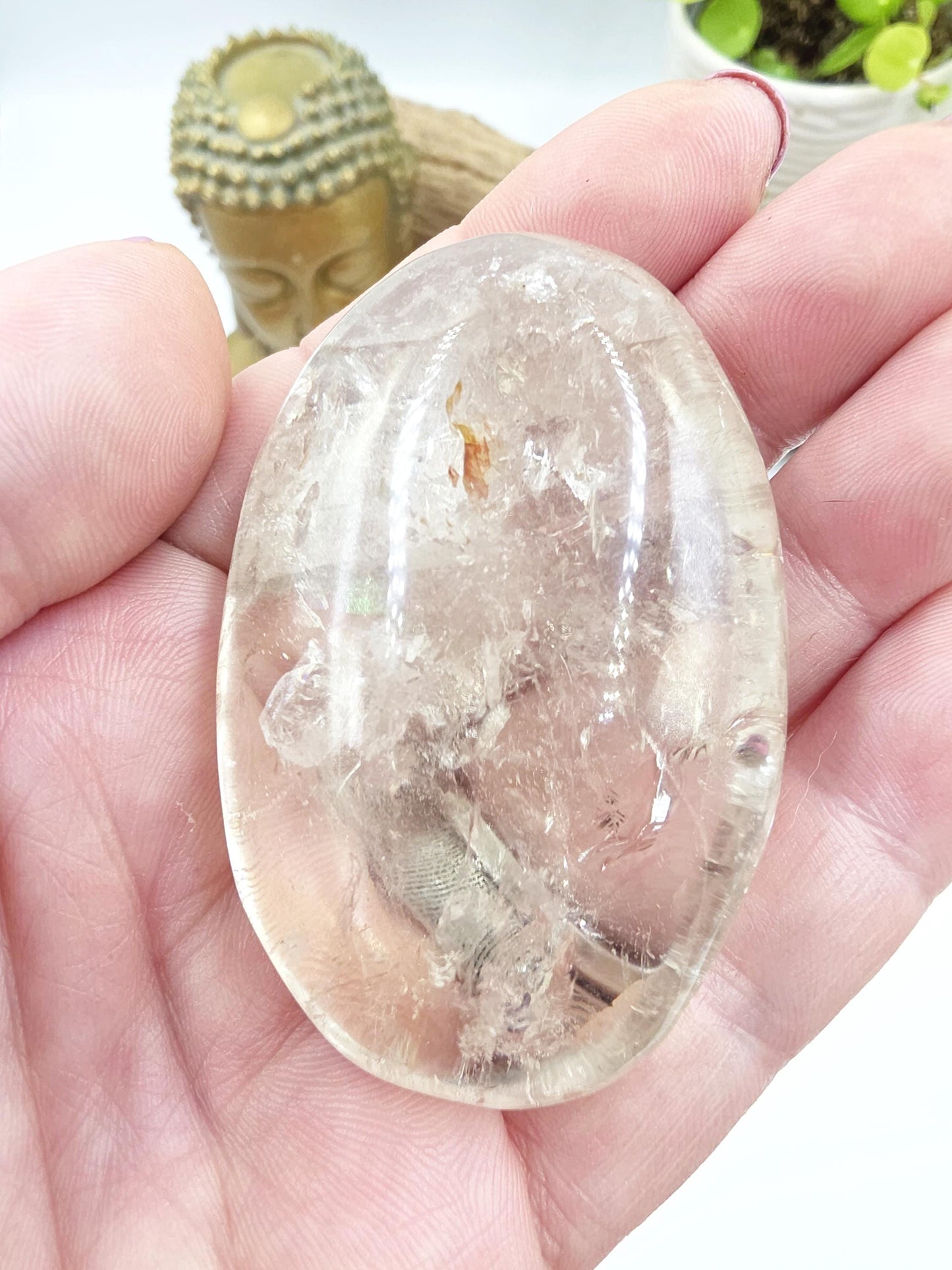 Manifestation Clear Quartz Palm Stone with Internal Crystal Growth & Rainbows – Healing and Manifestation Crystal, 100g