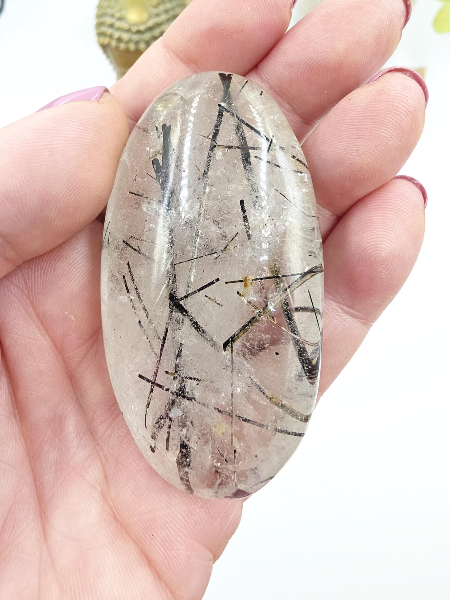 High Grade Black Rutile Quartz Palm Stone – Protection, Clarity & Energy Amplification Crystal, 100g