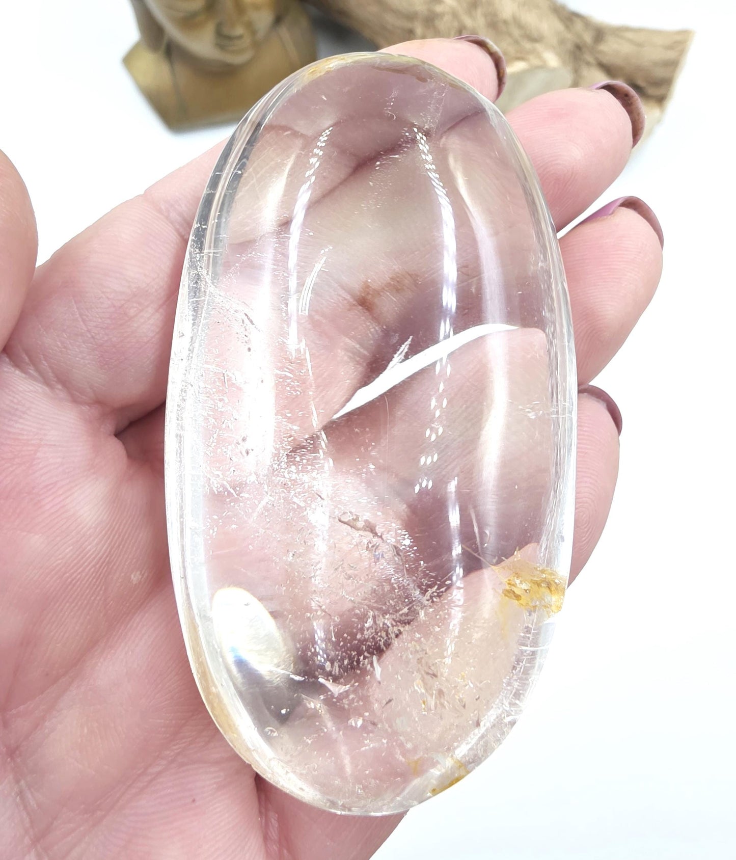High Grade Clear Quartz Palm Stone with Golden Healer Inclusions – Clarity & Healing Crystal, 105g