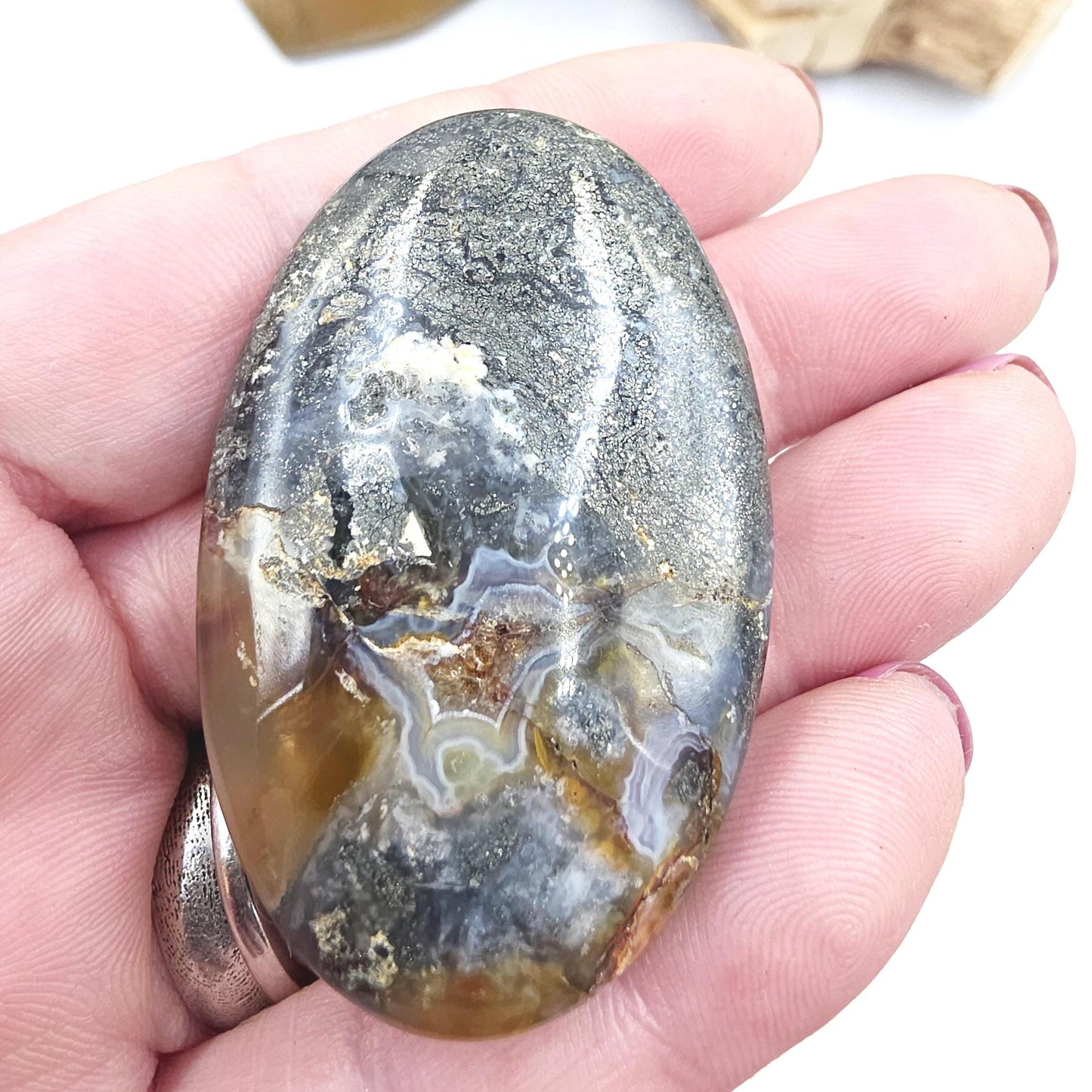 Pyrite & Agate Palm Stone – Protection, Confidence and Abundance Crystal, 45g