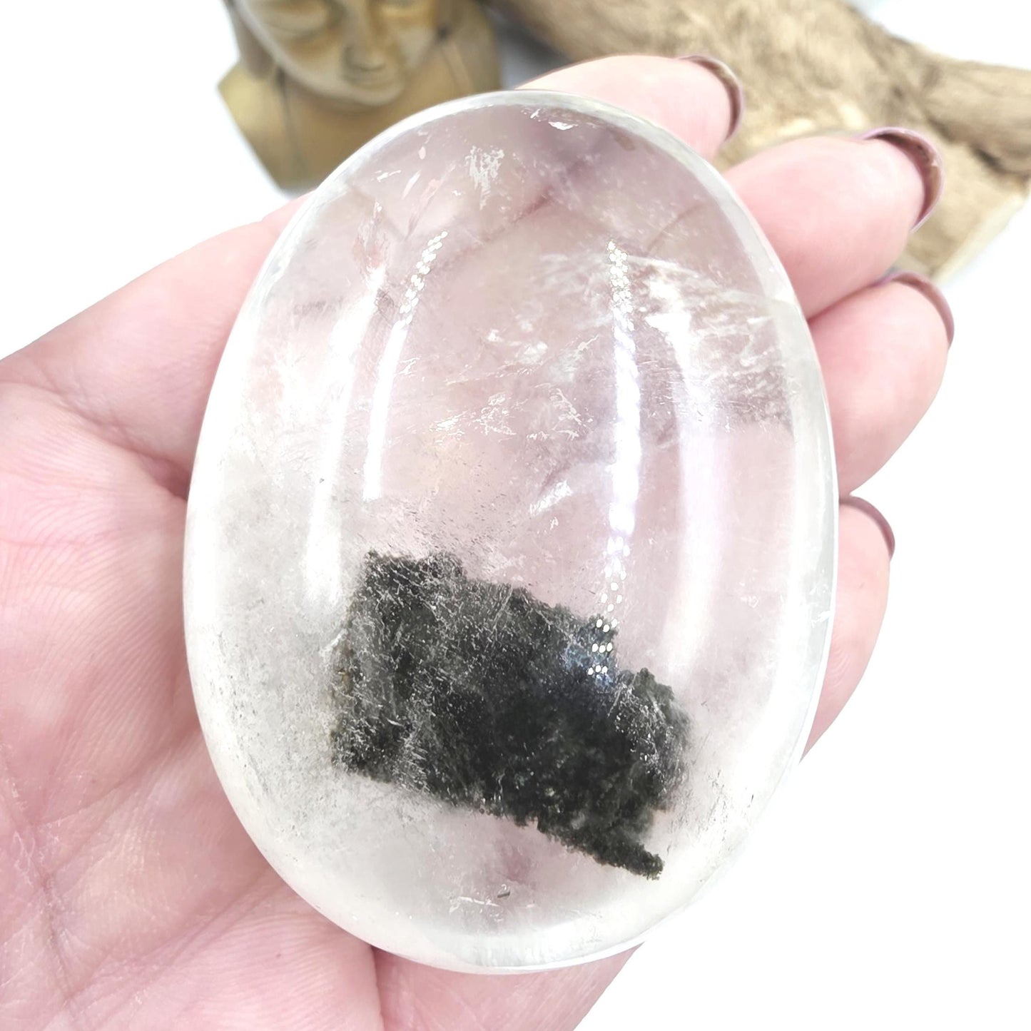 Large Green Garden Quartz (Lodolite) Palm Stone – Manifestation, Clarity & Inner Journey Healing Crystal, 155g