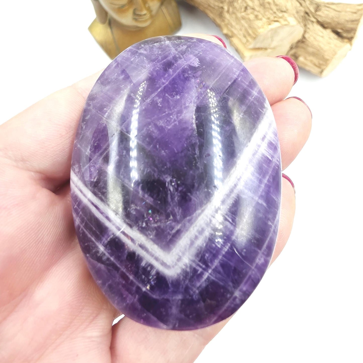 Dream Amethyst (Chevron) Palm Stone with rainbow flash – Intuition, Calm & Spiritual Clarity Crystal, 110g