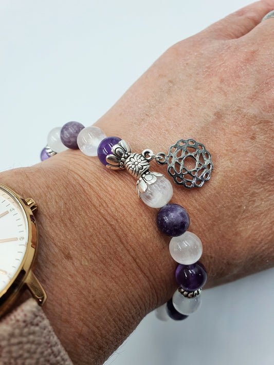 Loss and Grief Support Crystal Healing Bracelet with Chakra Charm (Amethyst, Lepidolite and Selenite)